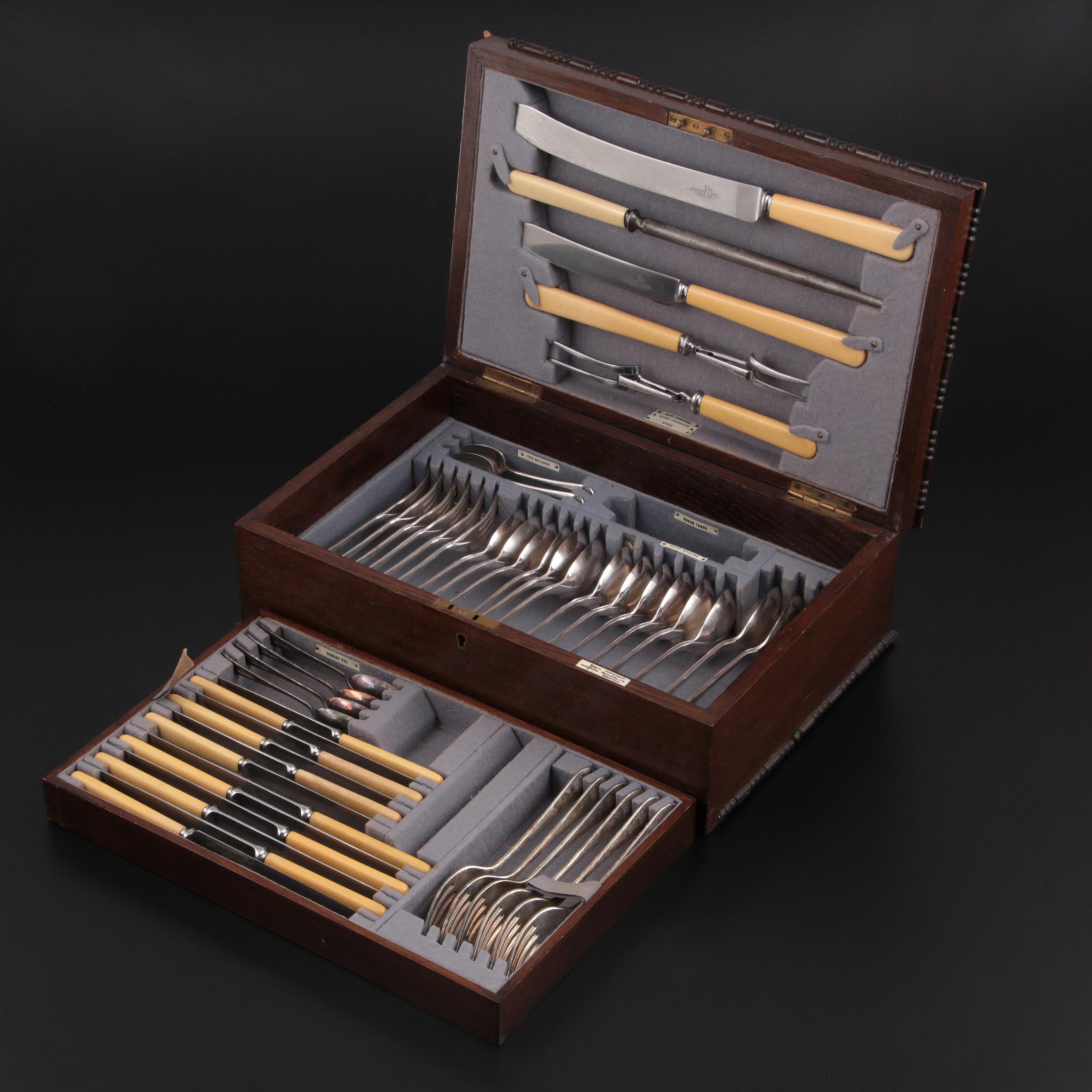 Walker & Hall Silver Plate and Stainless Steel Flatware and Carving Set and Case