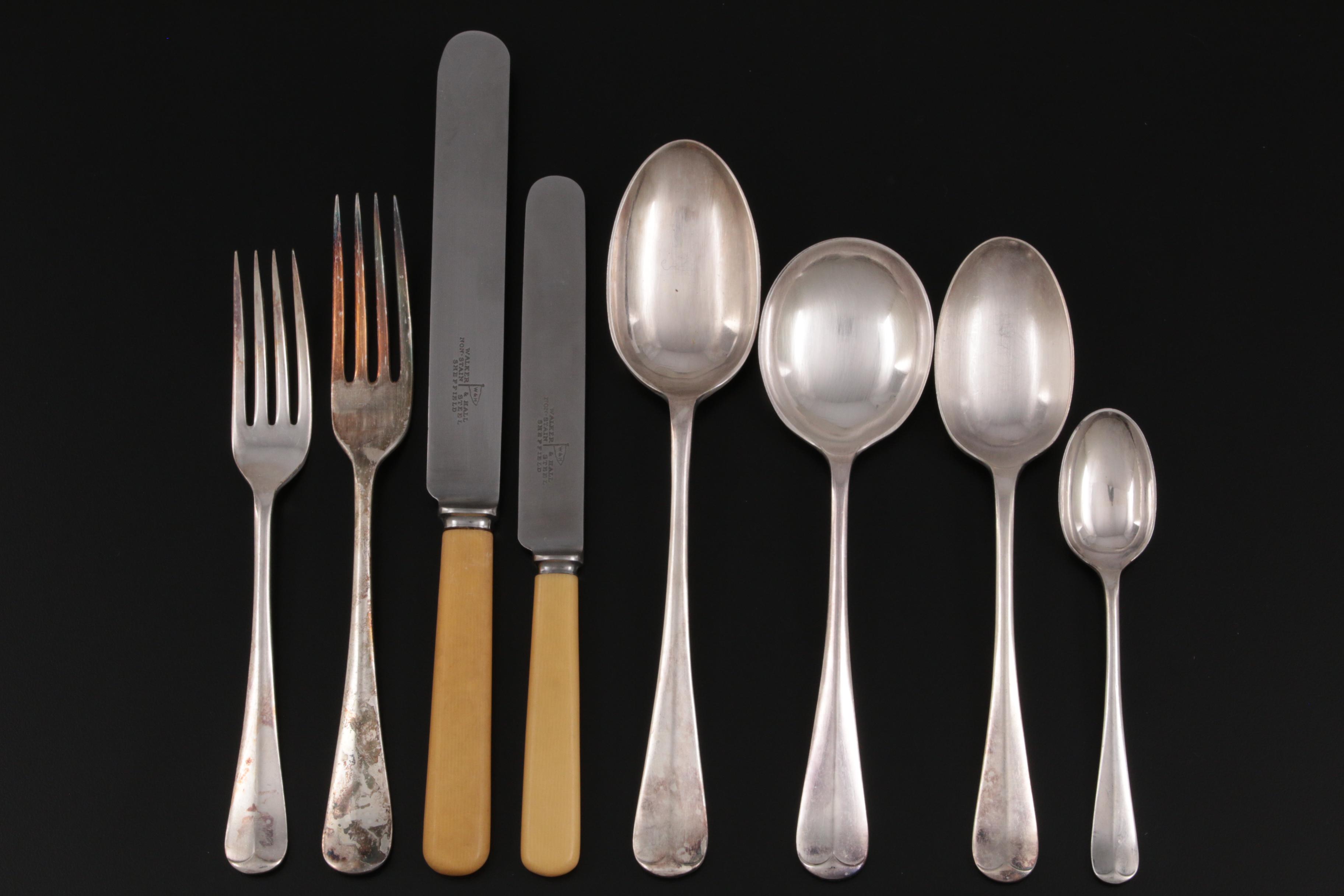 Walker & Hall Silver Plate and Stainless Steel Flatware and Carving Set and Case