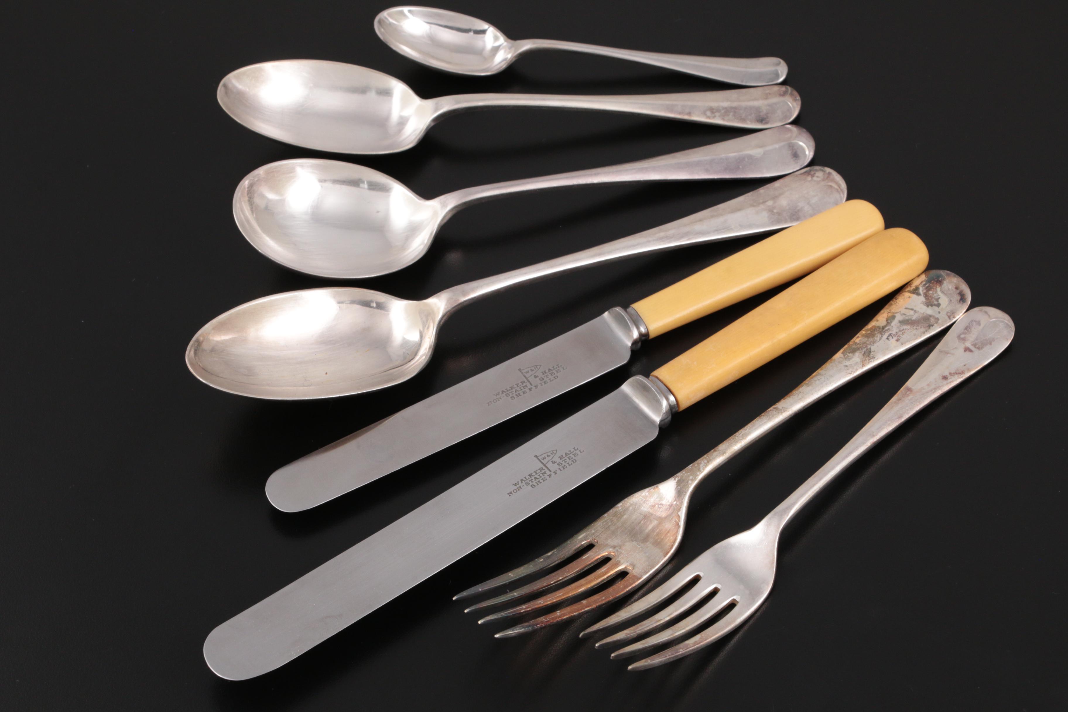 Walker & Hall Silver Plate and Stainless Steel Flatware and Carving Set and Case