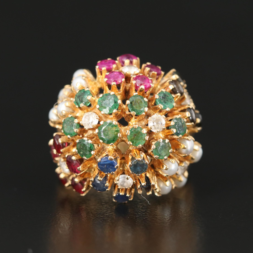 18K Sputnik Ring with Emerald, Sapphire and Ruby