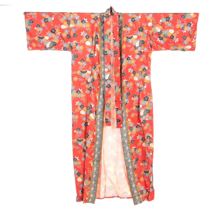 Silk Kimono Style Robe with Sakura and Plum Blossoms