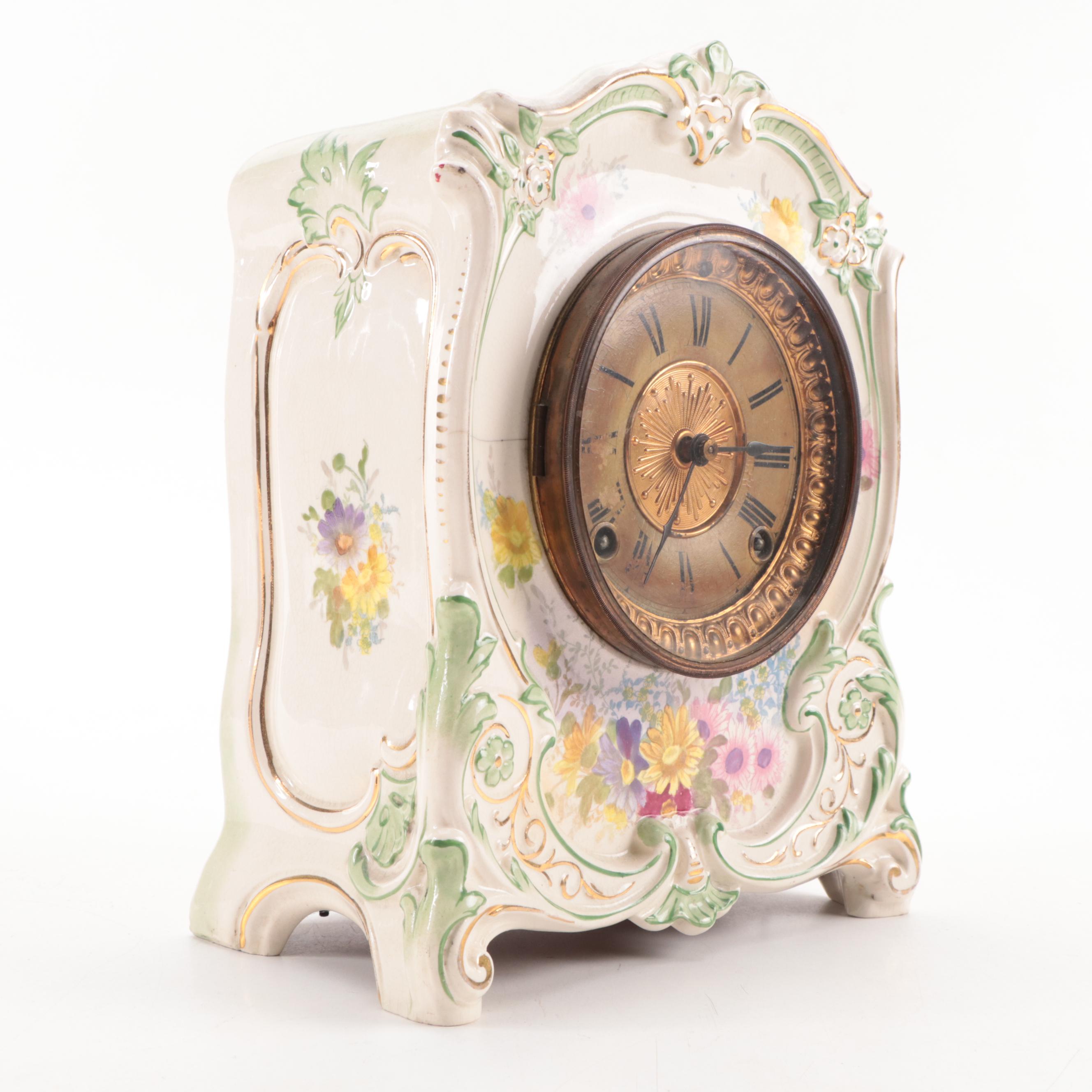 Ansonia Clock Co. "La Tour" Floral Royal Bonn Porcelain Case Mantle Clock, 1882