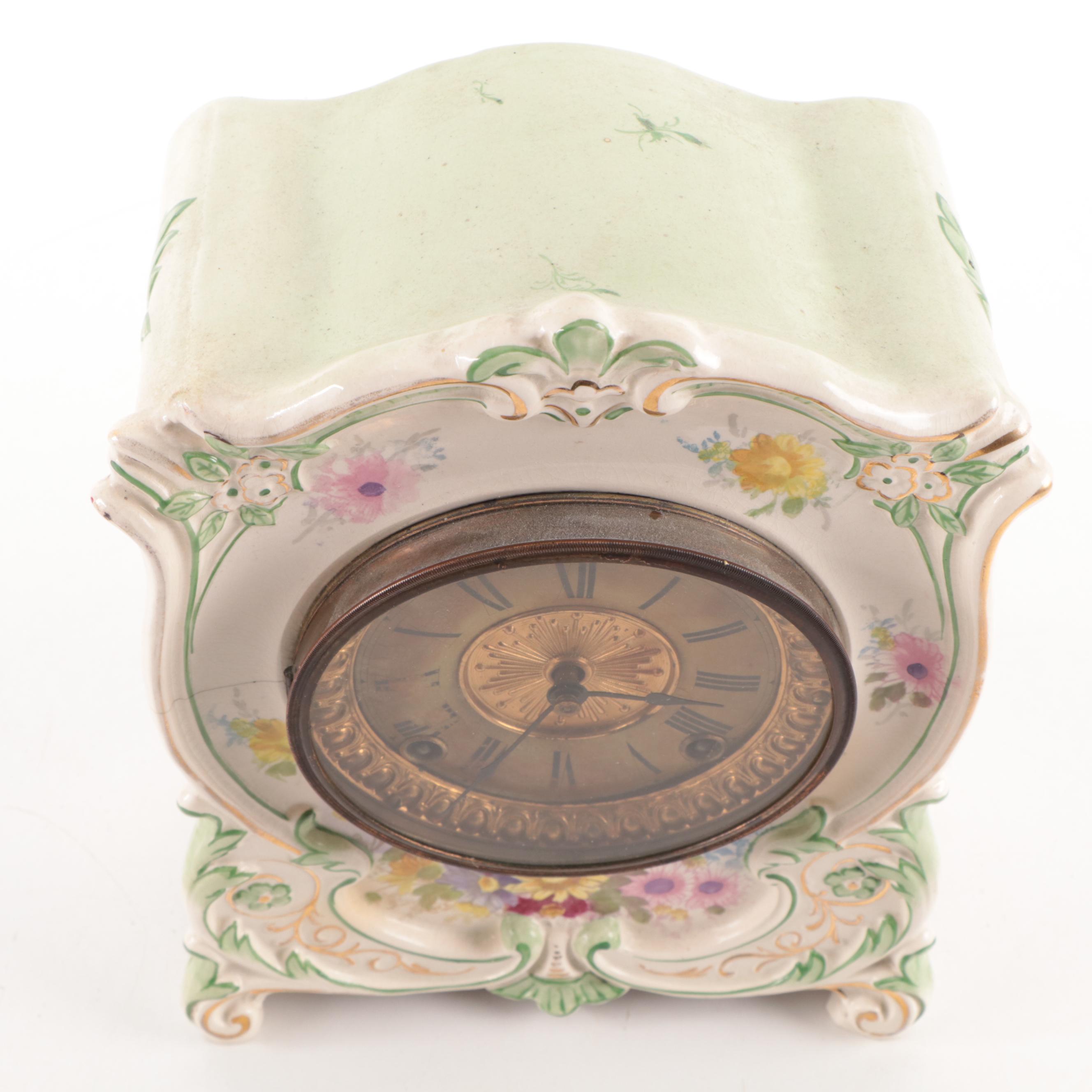 Ansonia Clock Co. "La Tour" Floral Royal Bonn Porcelain Case Mantle Clock, 1882
