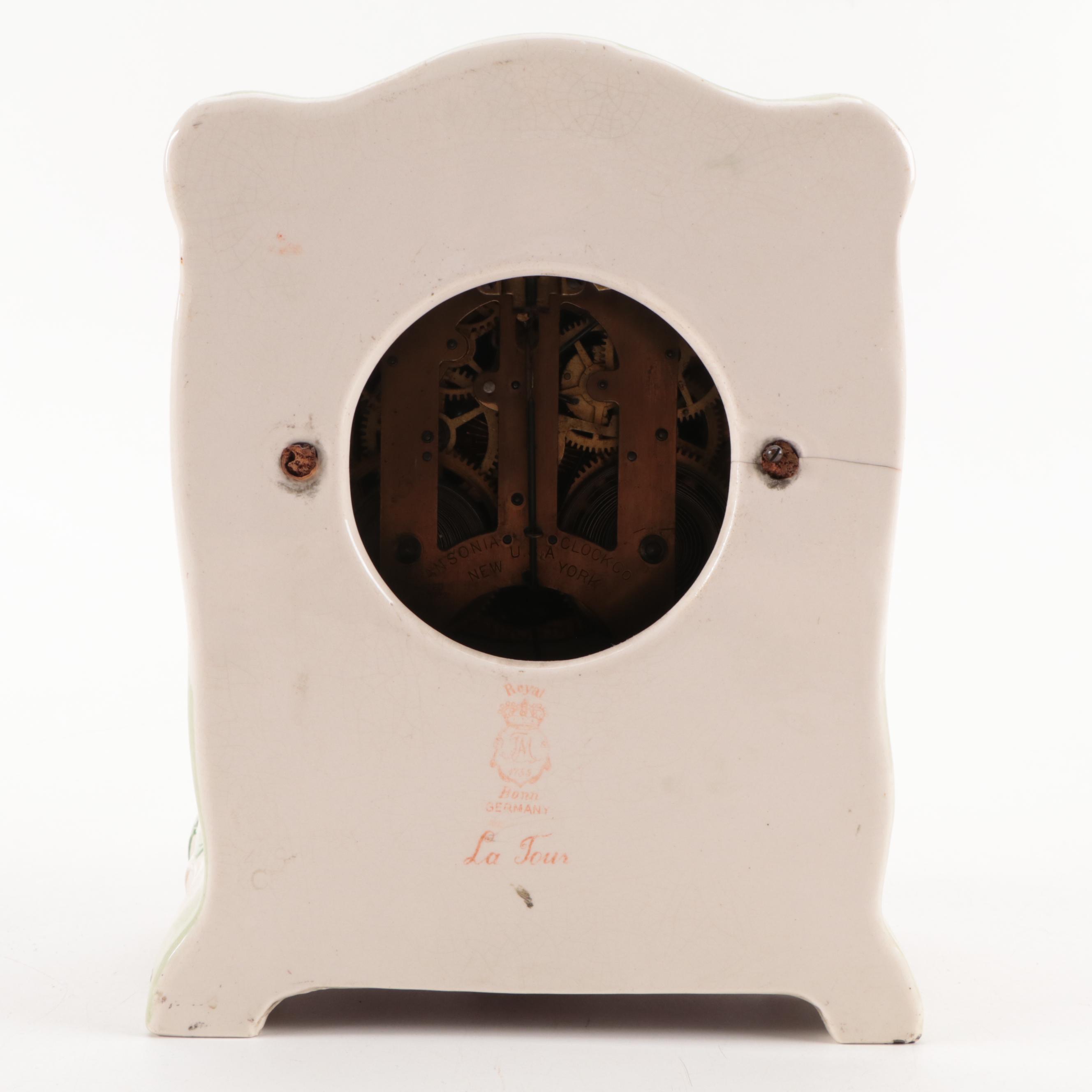 Ansonia Clock Co. "La Tour" Floral Royal Bonn Porcelain Case Mantle Clock, 1882
