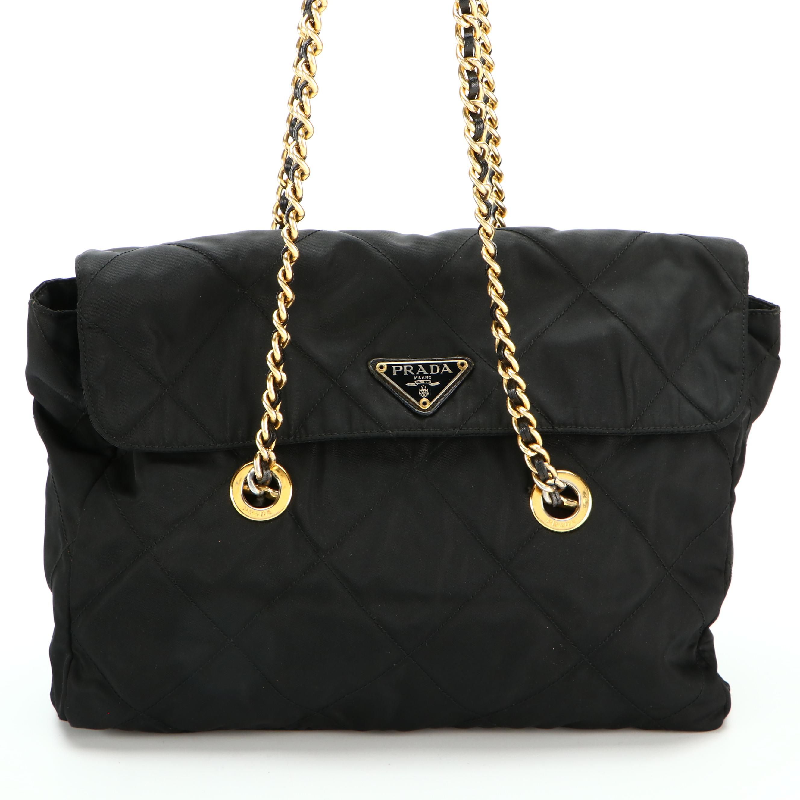 Prada Black Quilted Tessuto Nylon Shoulder Bag with Leather and Chain Strap