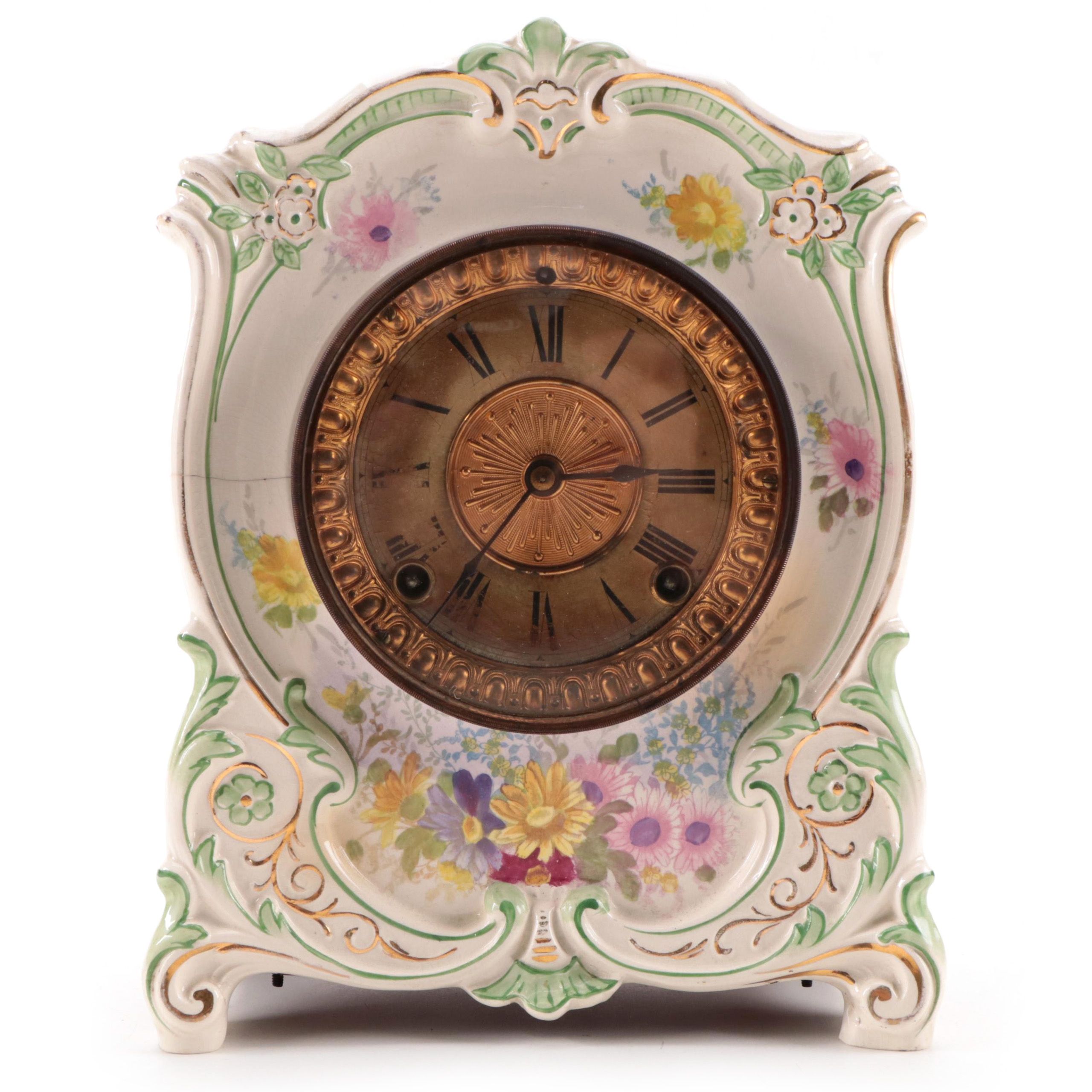 Ansonia Clock Co. "La Tour" Floral Royal Bonn Porcelain Case Mantle Clock, 1882