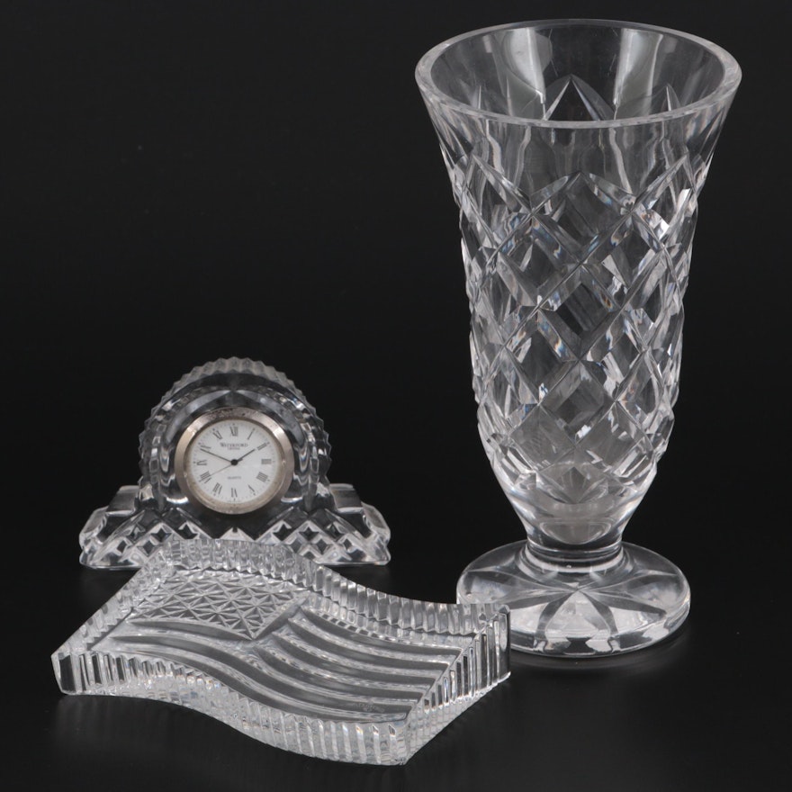 Waterford "Comeragh" Crystal Vase with Clock and American Flag Paperweight