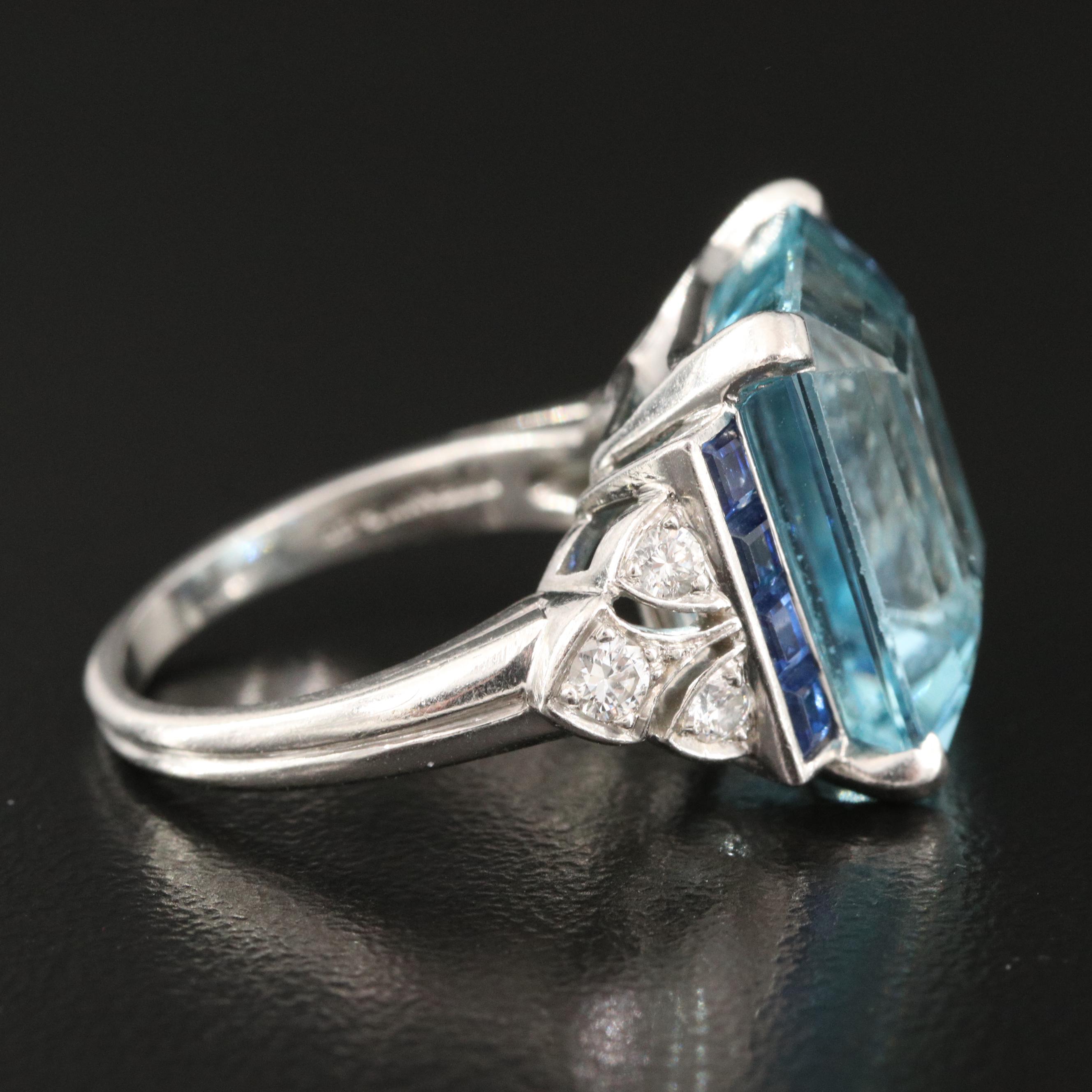 1950s Tiffany & Co. Platinum 9.78 CT Aquamarine and Sapphire Ring