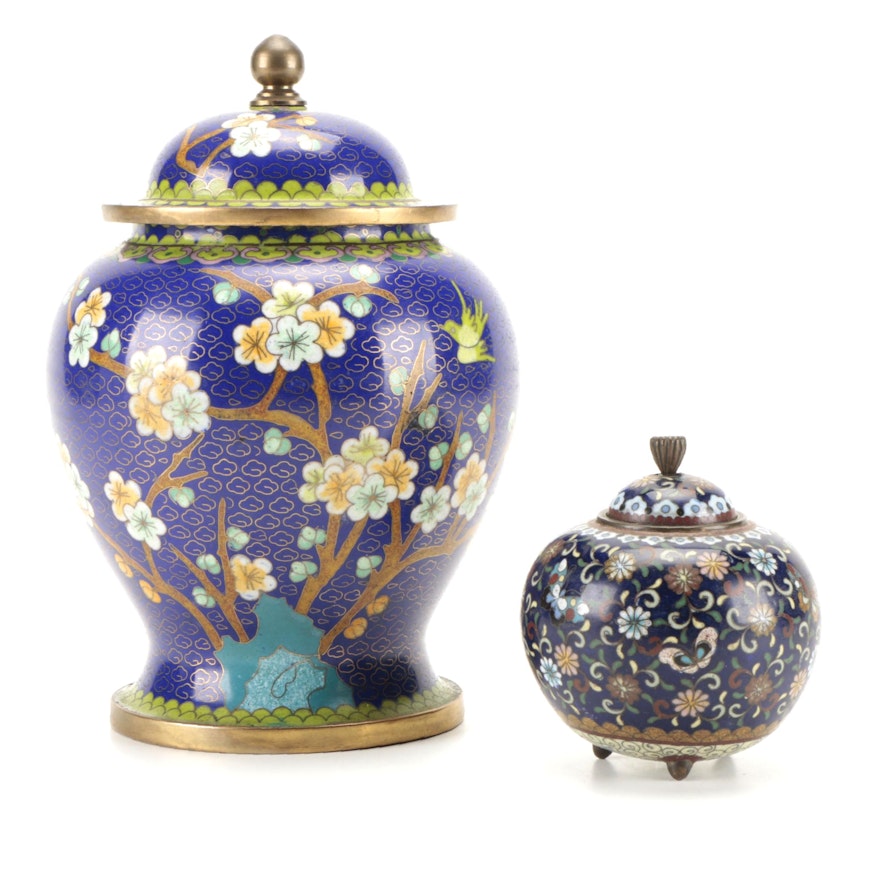 Chinese Cloisonné Covered Jar with Japanese Cloisonné Tripod Jar