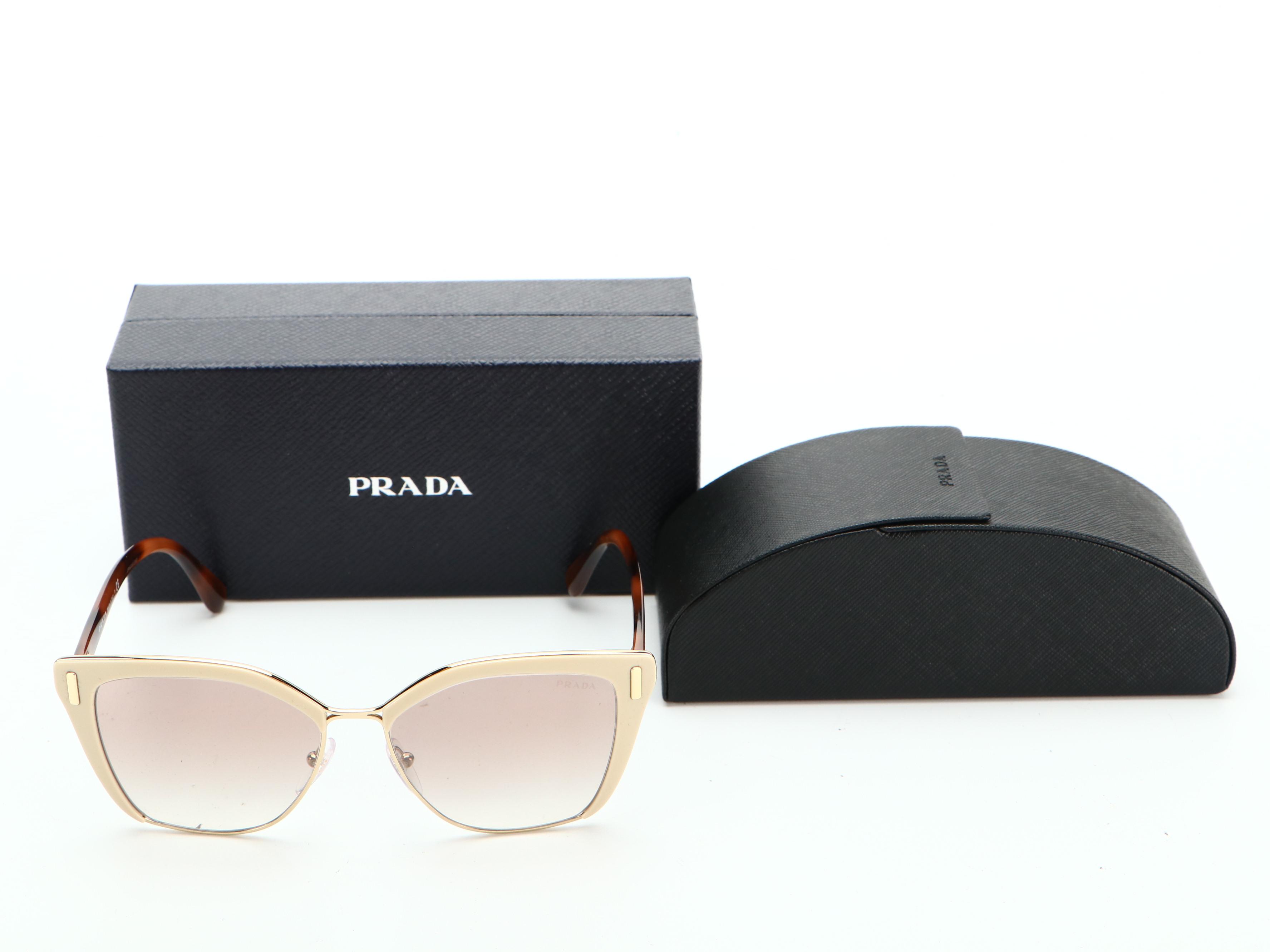 Prada SPR56T Horn-Rimmed Sunglasses in Beige with Case and Box