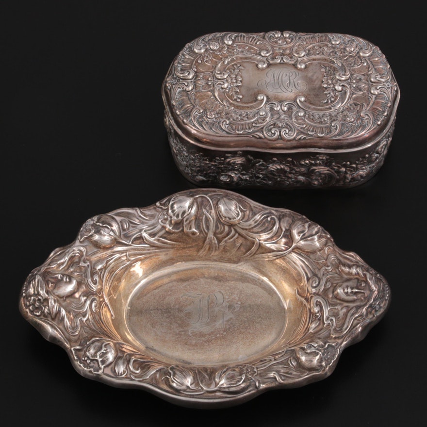 Gorham Sterling Silver Jewelry Box with Other Sterling Repoussé Dish, 20th C.