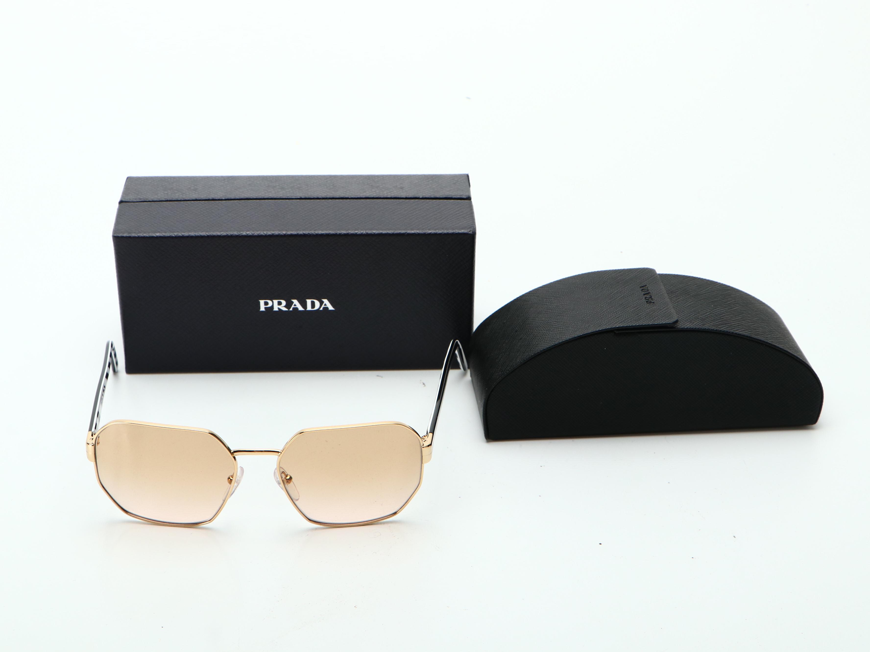 Prada SPR54XS Geometric Sunglasses in Gold and Brown with Case and Box