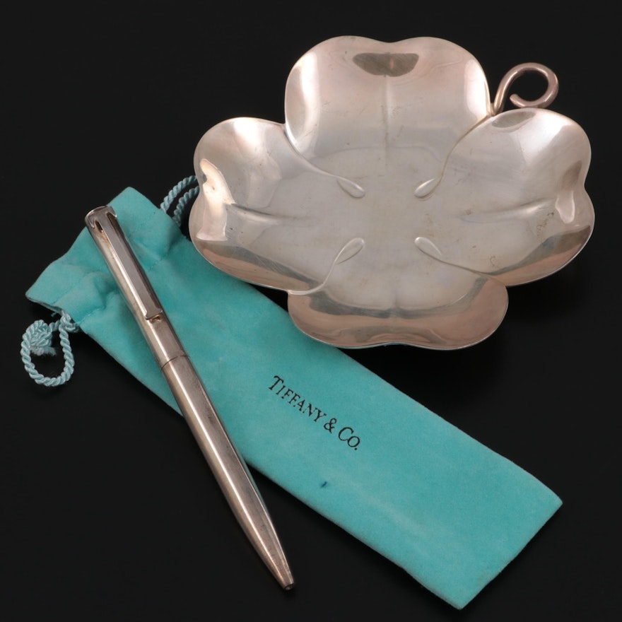 Tiffany & Co. Sterling Silver Four Leaf Clover Dish, and Sterling Silver Pen