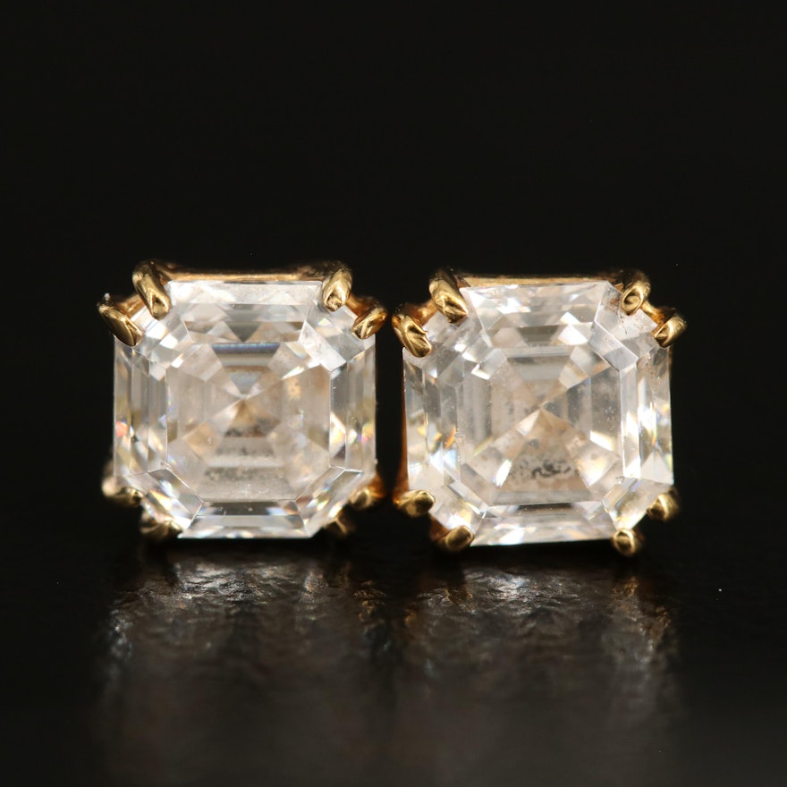 14K Square Faceted Cubic Zirconia Stud Earrings