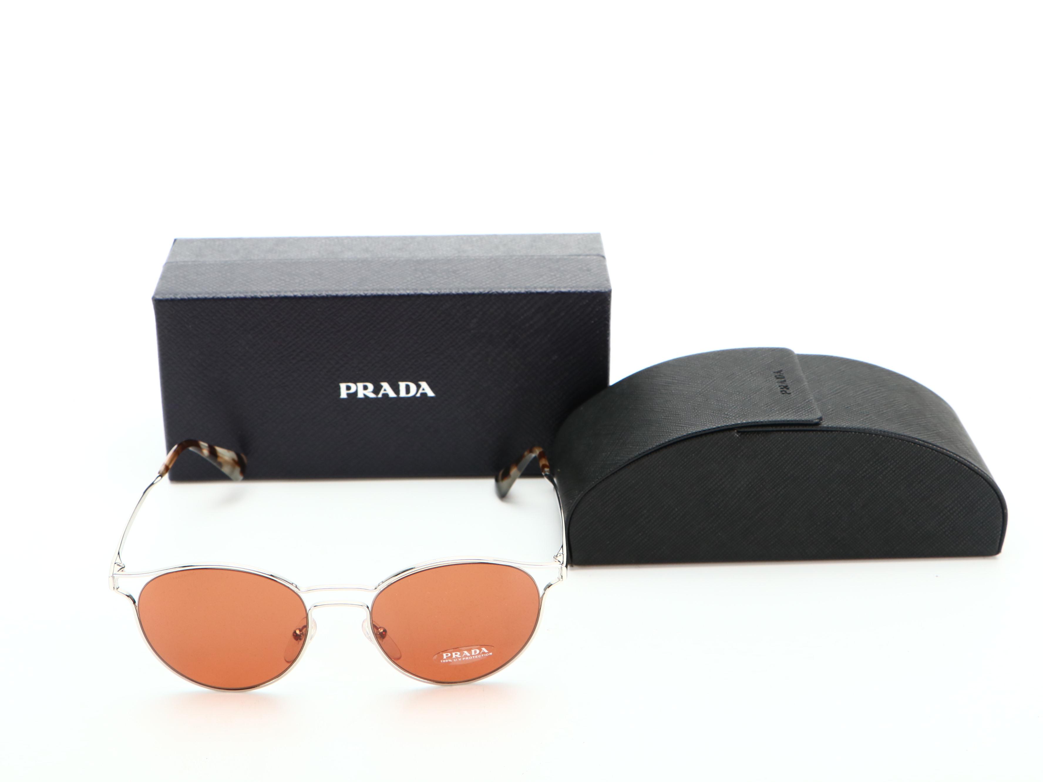 Prada SPR62S Cinema Metal and Brown Frame Sunglasses with Brown Round Lens