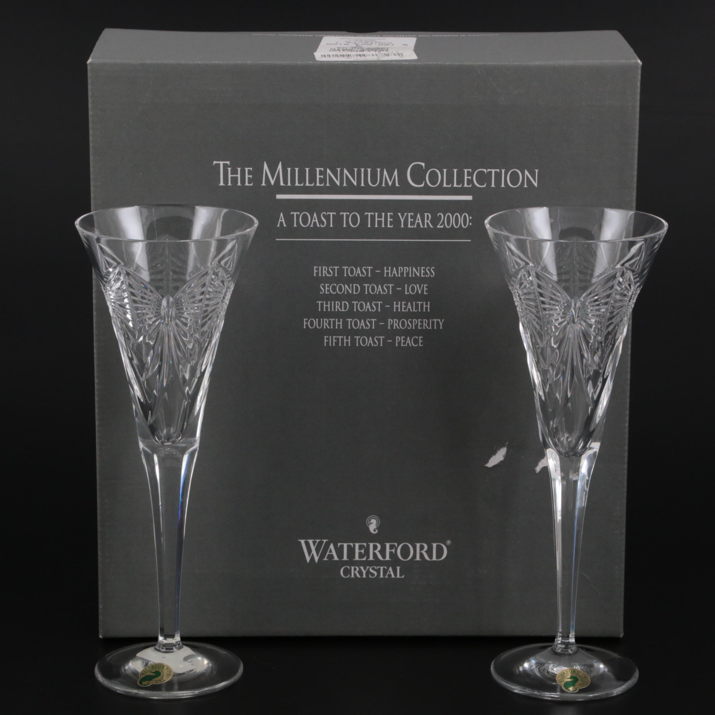 Waterford "Millennium Series" First Toast Happiness Crystal Champagne Flutes