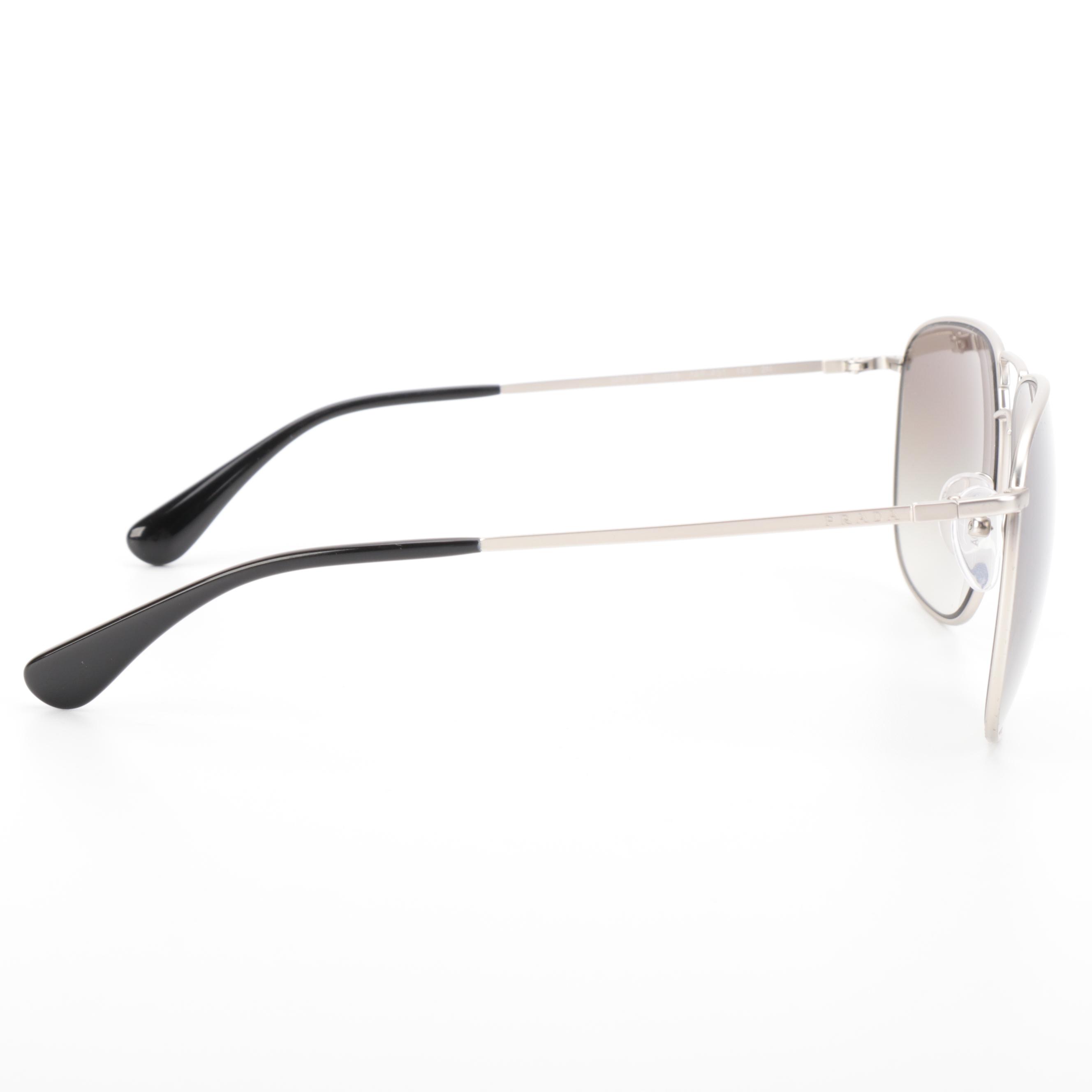 Prada SPR 52T Square Aviator Sunglasses in Matte Silver Tone with Case and Box