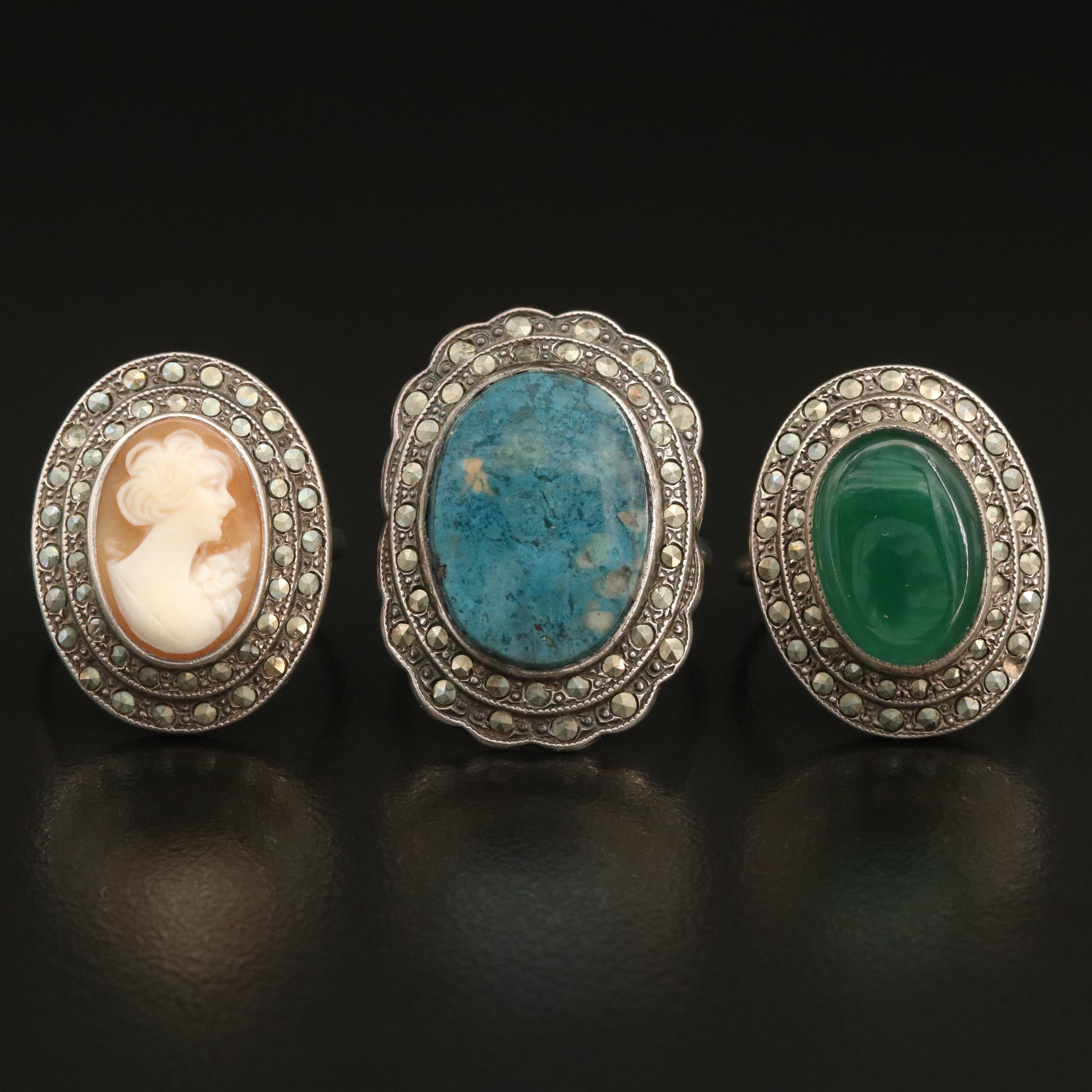 Vintage Sterling Marcasite Halo Rings with Chalcedony and Shell Cameo