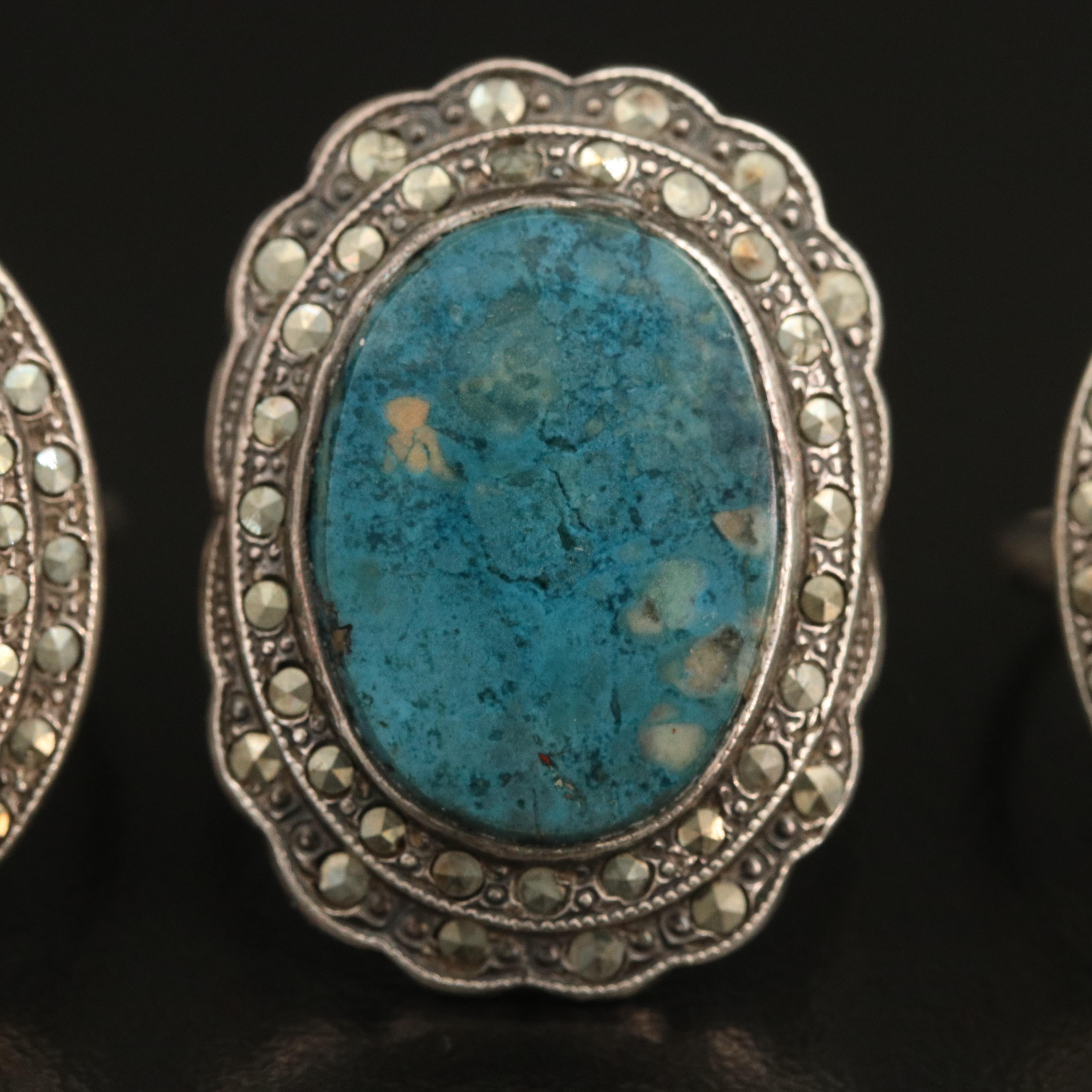 Vintage Sterling Marcasite Halo Rings with Chalcedony and Shell Cameo