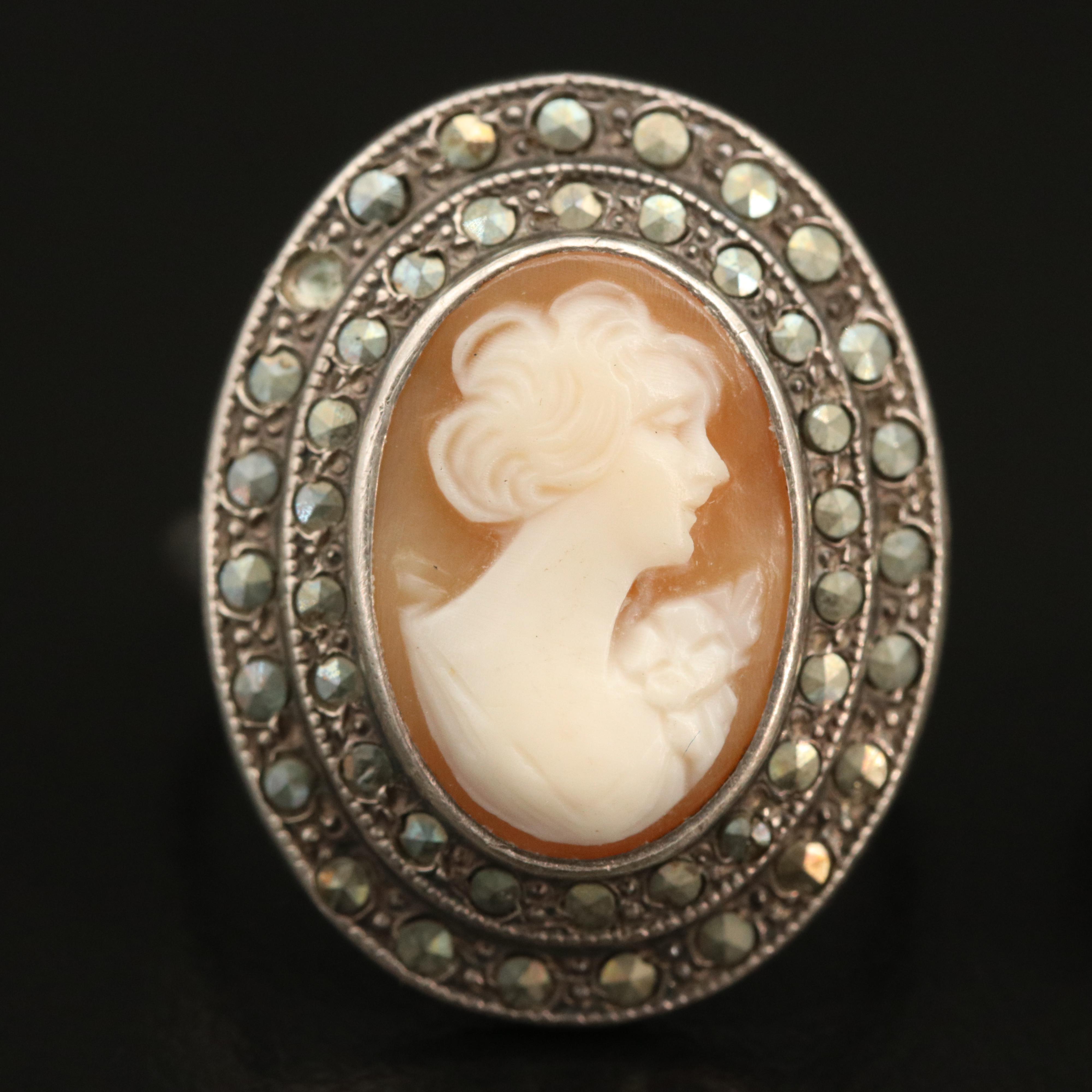 Vintage Sterling Marcasite Halo Rings with Chalcedony and Shell Cameo