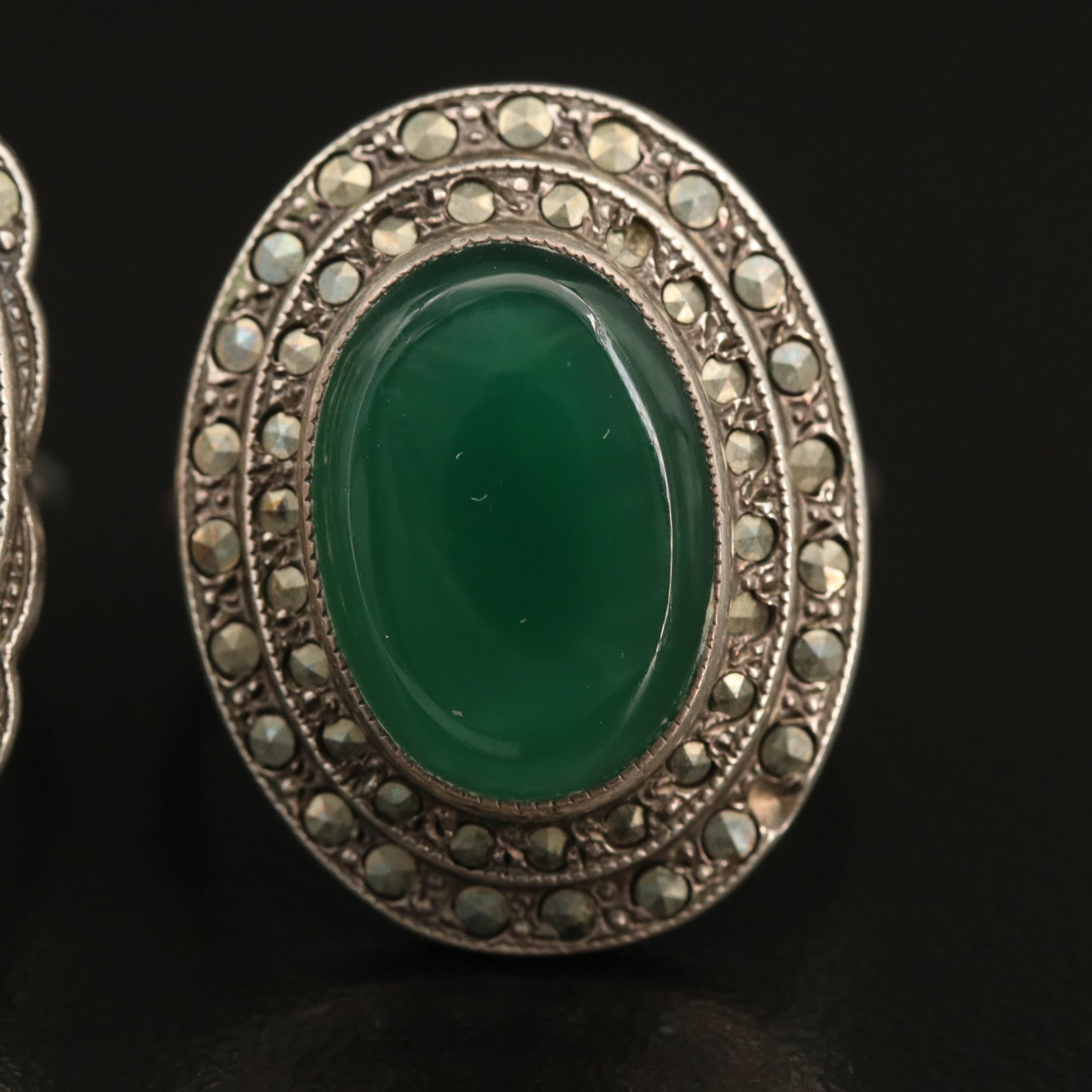 Vintage Sterling Marcasite Halo Rings with Chalcedony and Shell Cameo