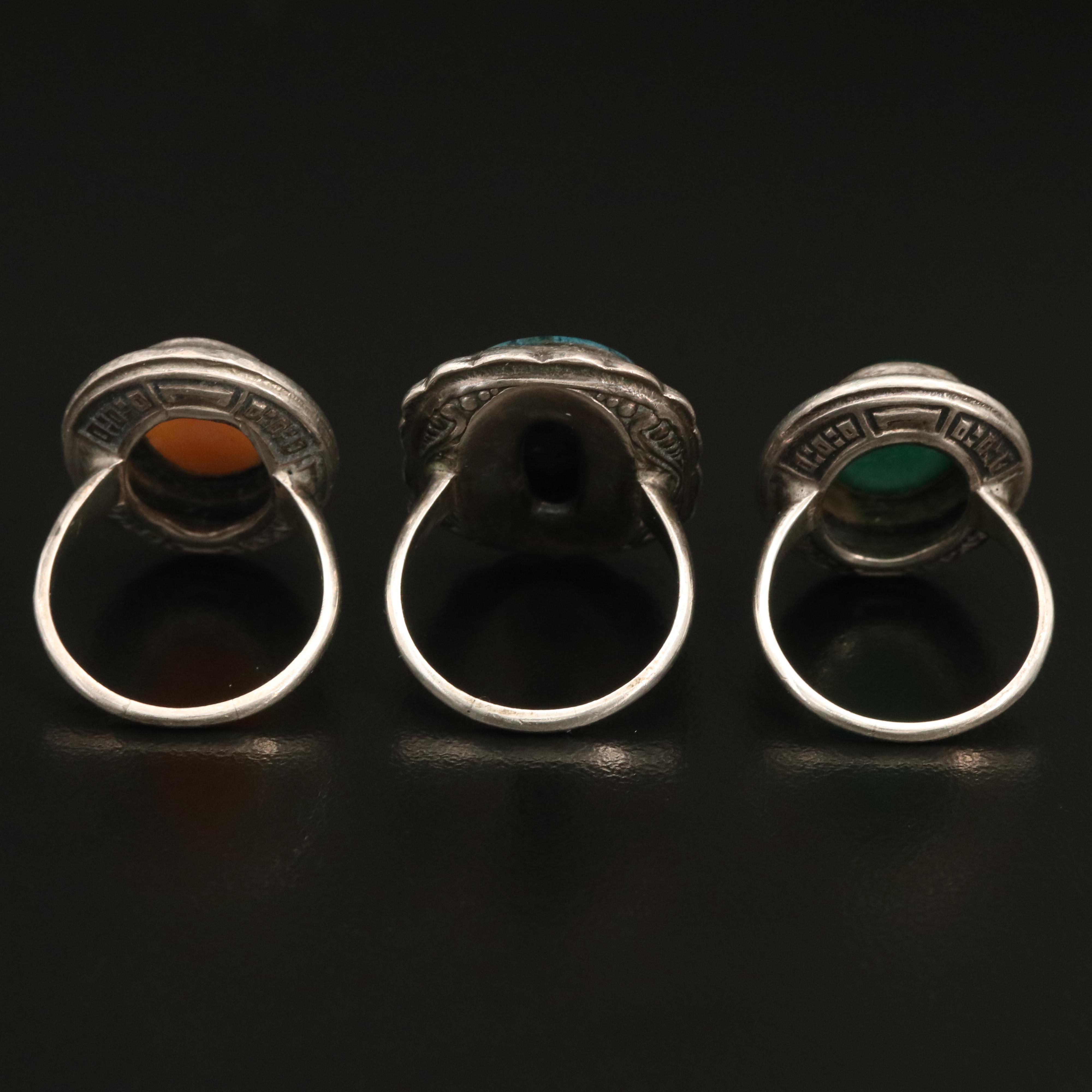 Vintage Sterling Marcasite Halo Rings with Chalcedony and Shell Cameo