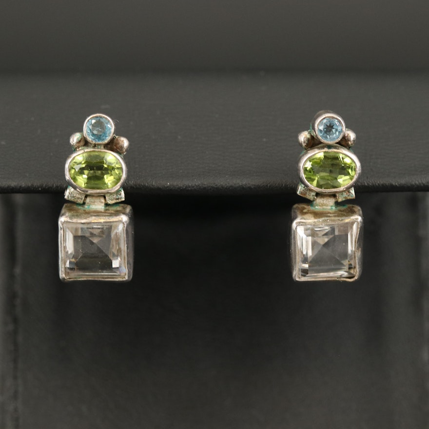 Sterling Rock Quartz Crystal, Peridot and Topaz Earrings