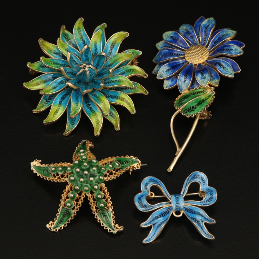 800 Silver Enamel Filigree Inlay Flower, Starfish and Bow Brooches