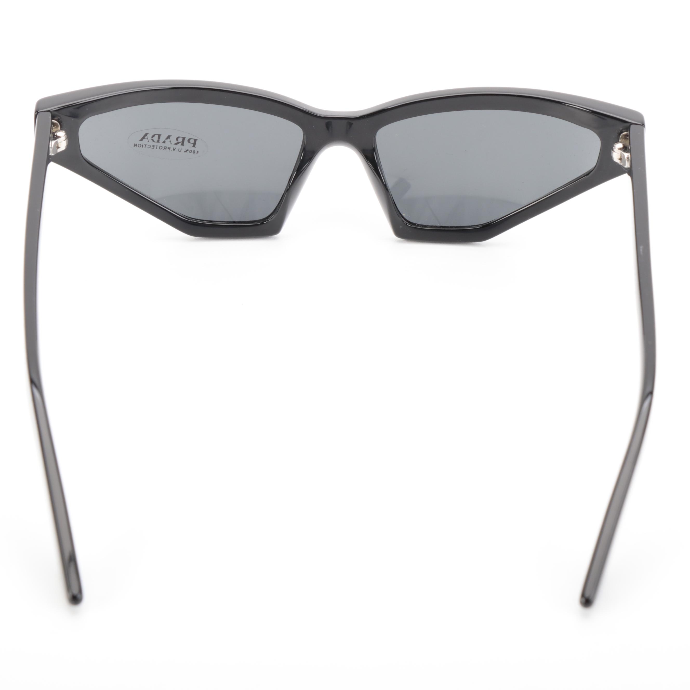 Prada SPR 12V Irregular Cat Eye Sunglasses in Black Acetate with Case and Box