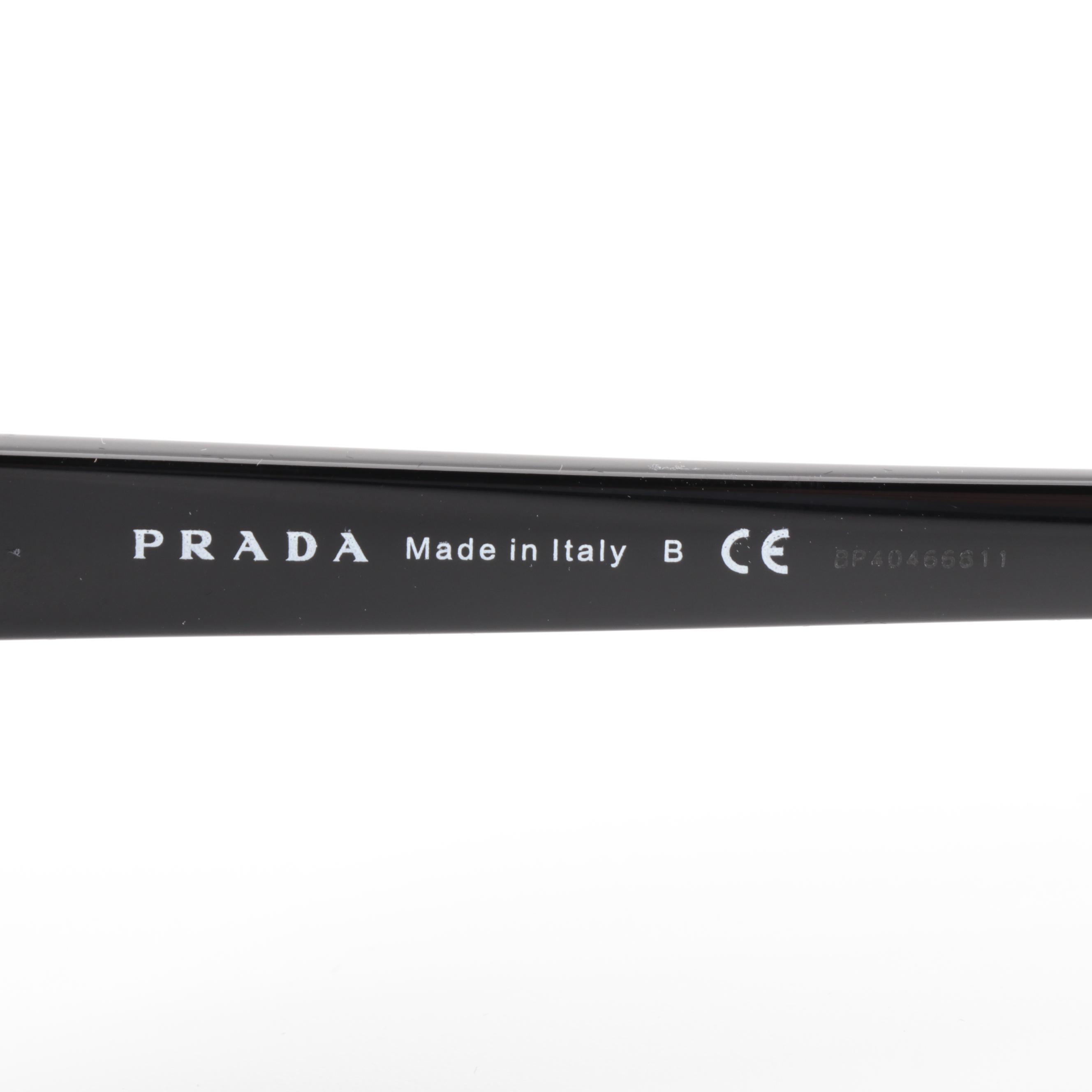 Prada SPR 12V Irregular Cat Eye Sunglasses in Black Acetate with Case and Box