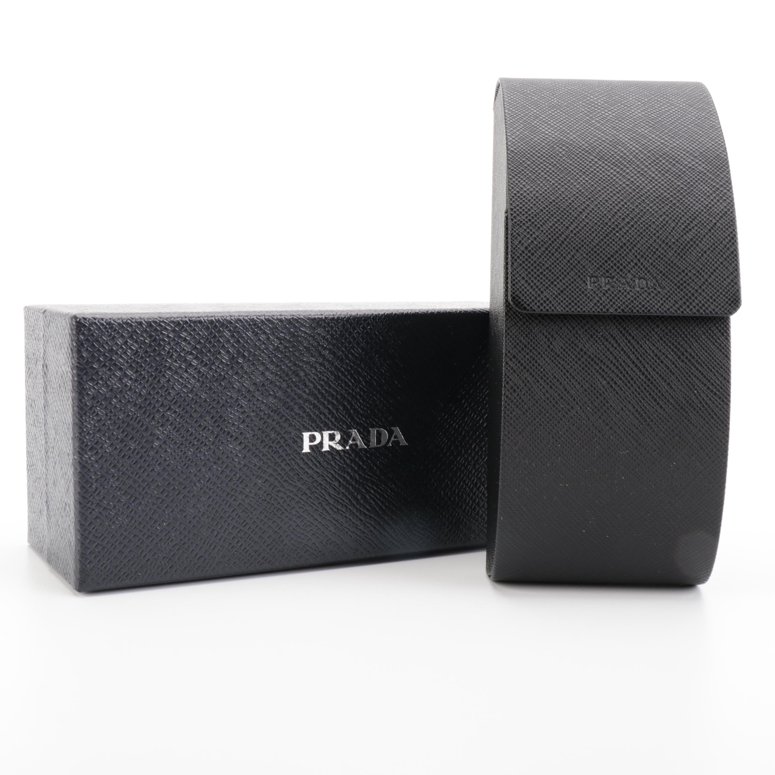 Prada SPR 12V Irregular Cat Eye Sunglasses in Black Acetate with Case and Box