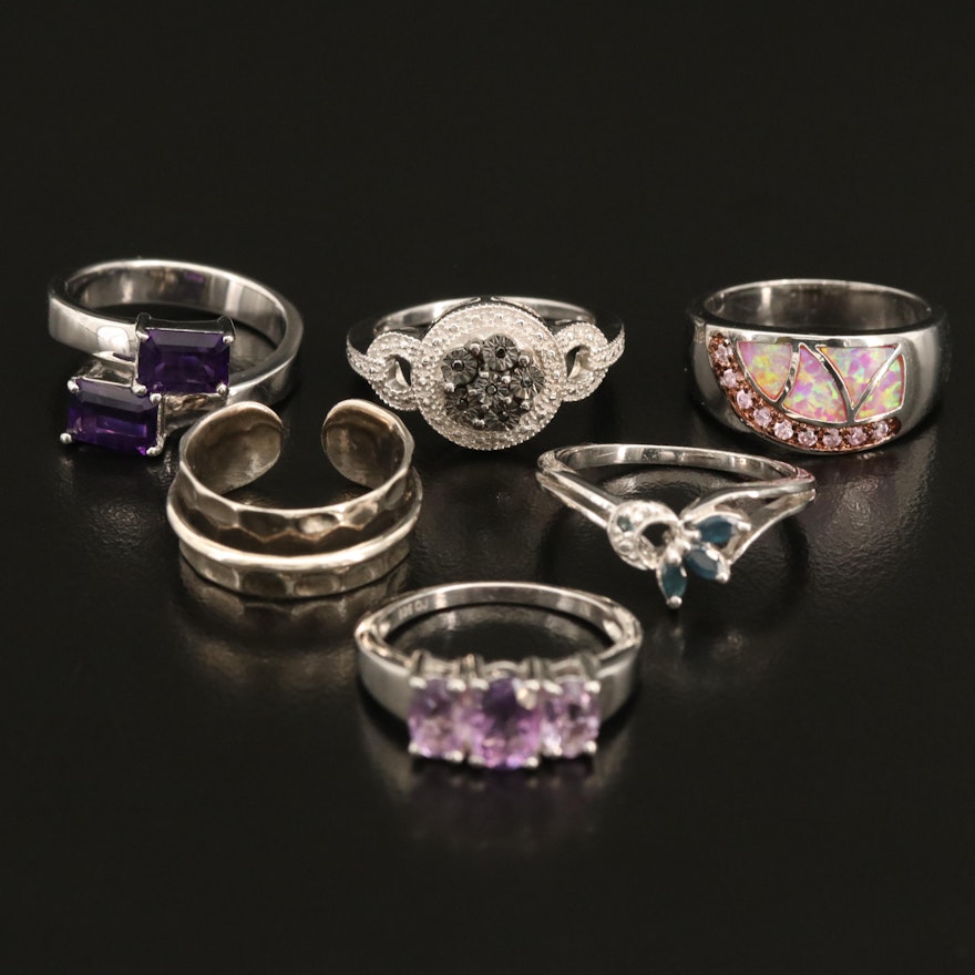 Sterling Gemstone Ring Selection Including Opal, Amethyst and Diamond