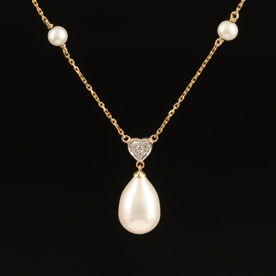 14K Pearl and Diamond Drop Necklace with Heart Detail and Pearl Stations