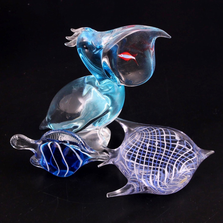 Oggetti, Silvestri and Other Art Glass Pelican and Fish Figurines