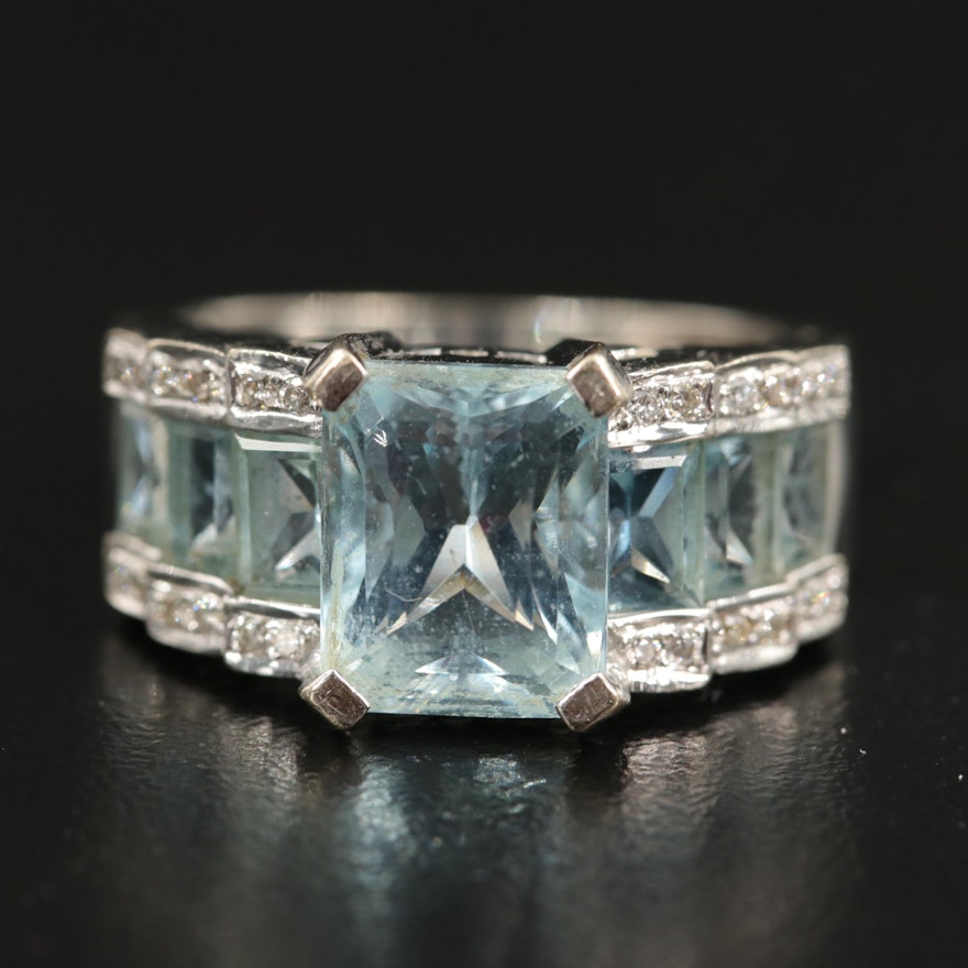 14K Aquamarine and Diamond Step Ring