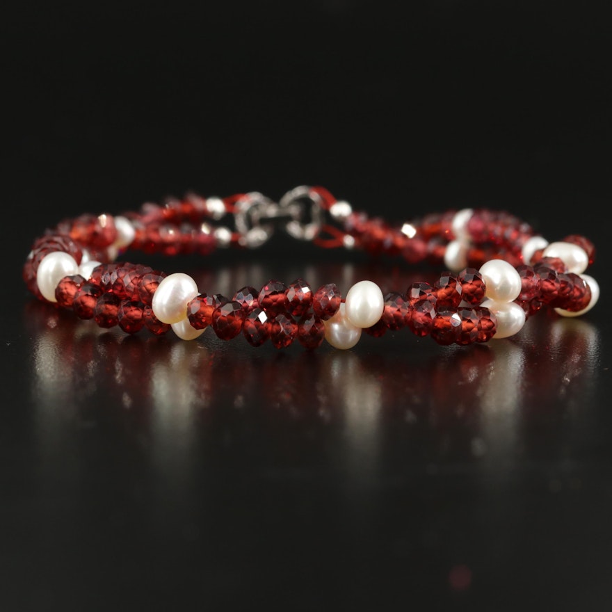 Pearl and Garnet Twisted Double Strand Bracelet with Sterling Clasp