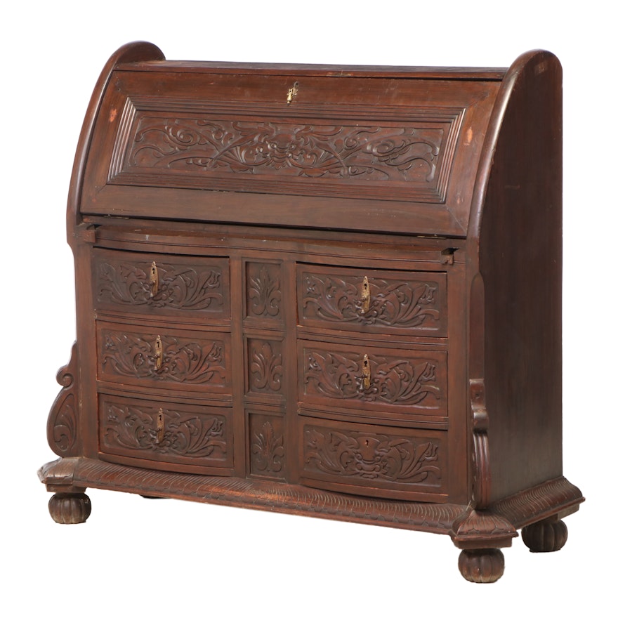 English Arts and Crafts Carved Elm Bureau Desk, Early 20th Century