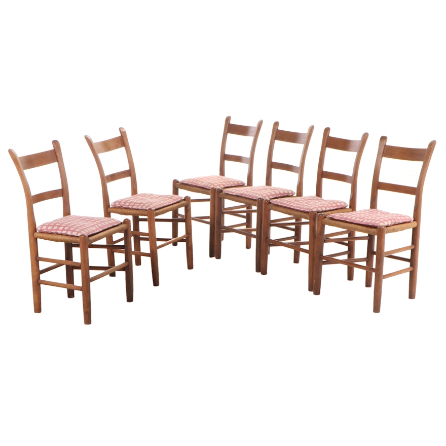 Six American Primitive Wood Dining Chairs with Paper Cord Seats