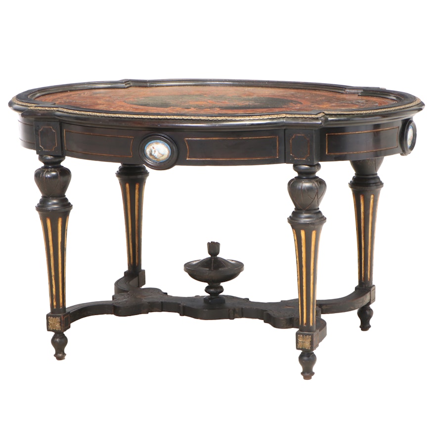 Victorian Marquetry Inlaid Center Table with Sevres Style Porcelain Plaques