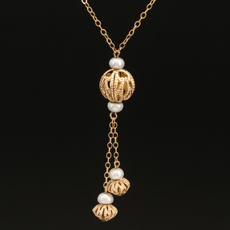 14K Pearl and Filigree Bead Necklace