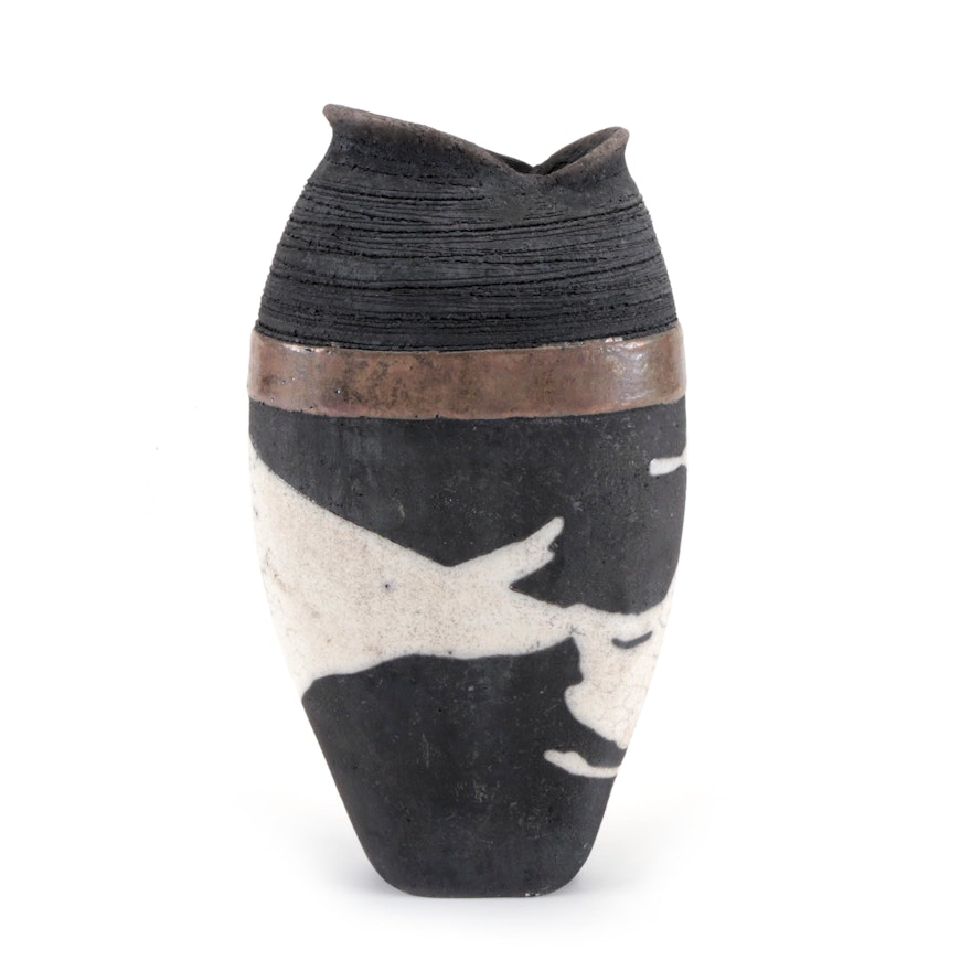 Hand-Crafted Raku Glazed Figural Pottery Vase