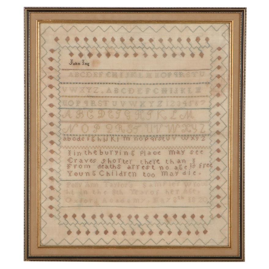 Polly Ann Taylor Cross-Stitch Alphabet School Sampler, 1820