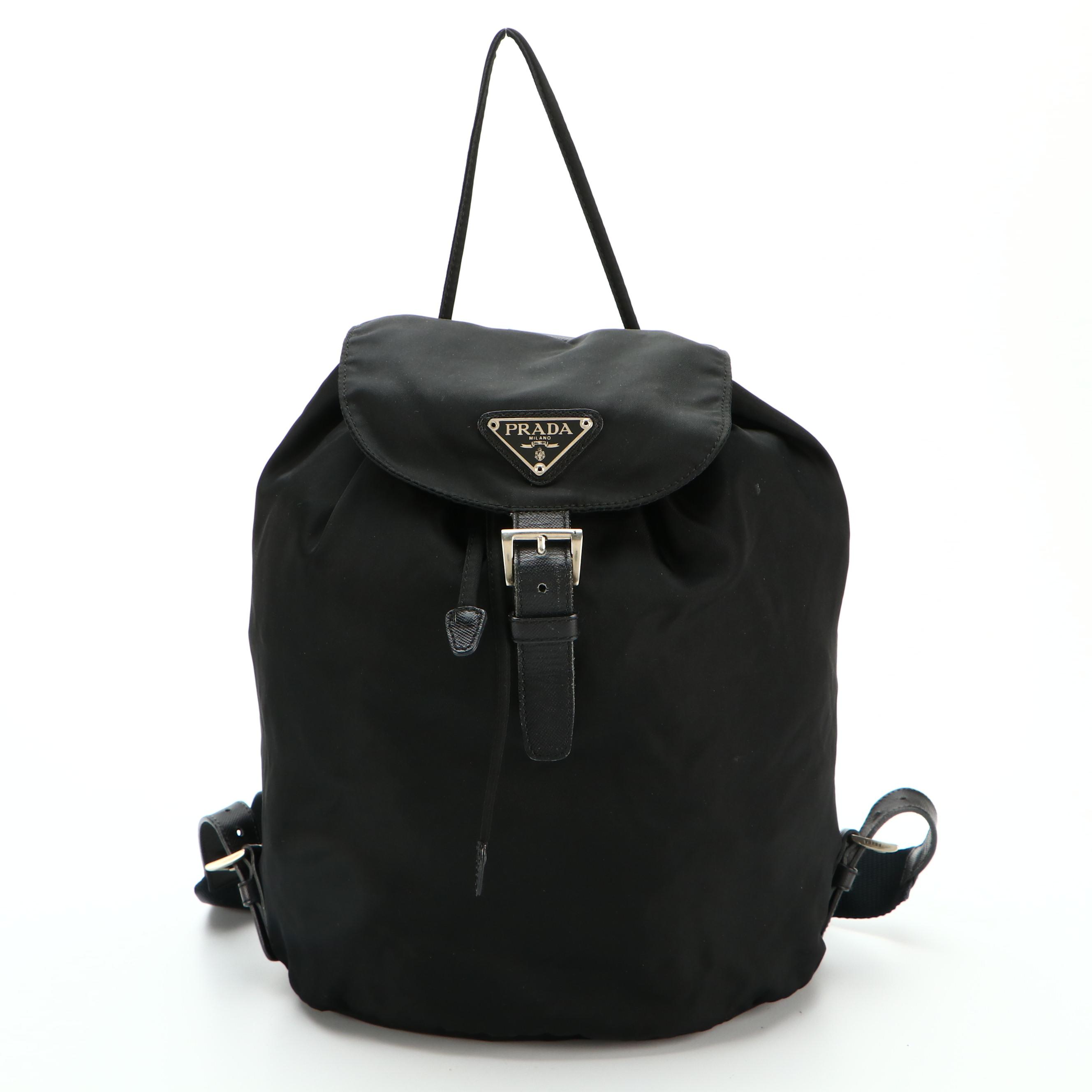 Prada Drawstring Backpack in Black Tessuto Nylon and Saffiano Leather