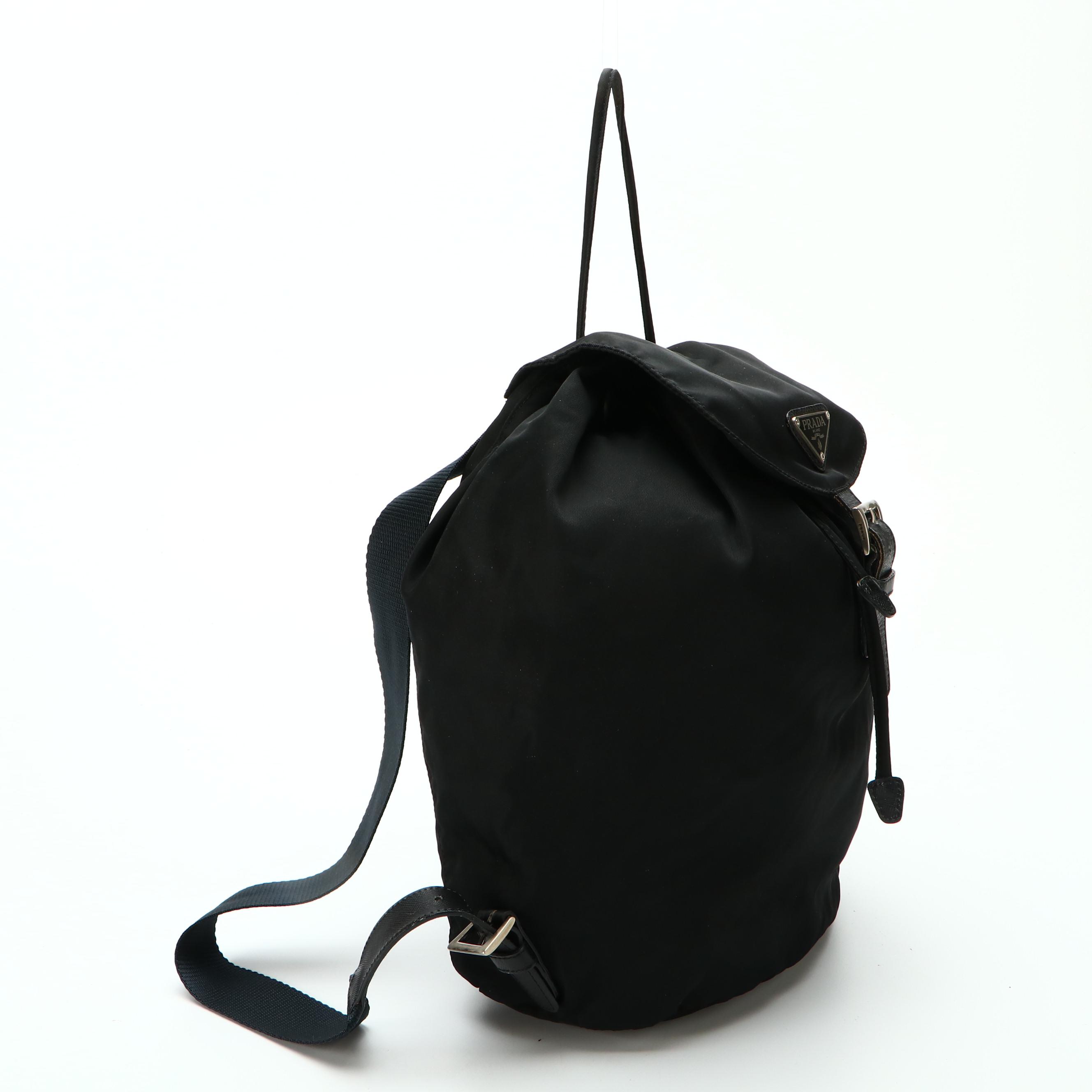 Prada Drawstring Backpack in Black Tessuto Nylon and Saffiano Leather