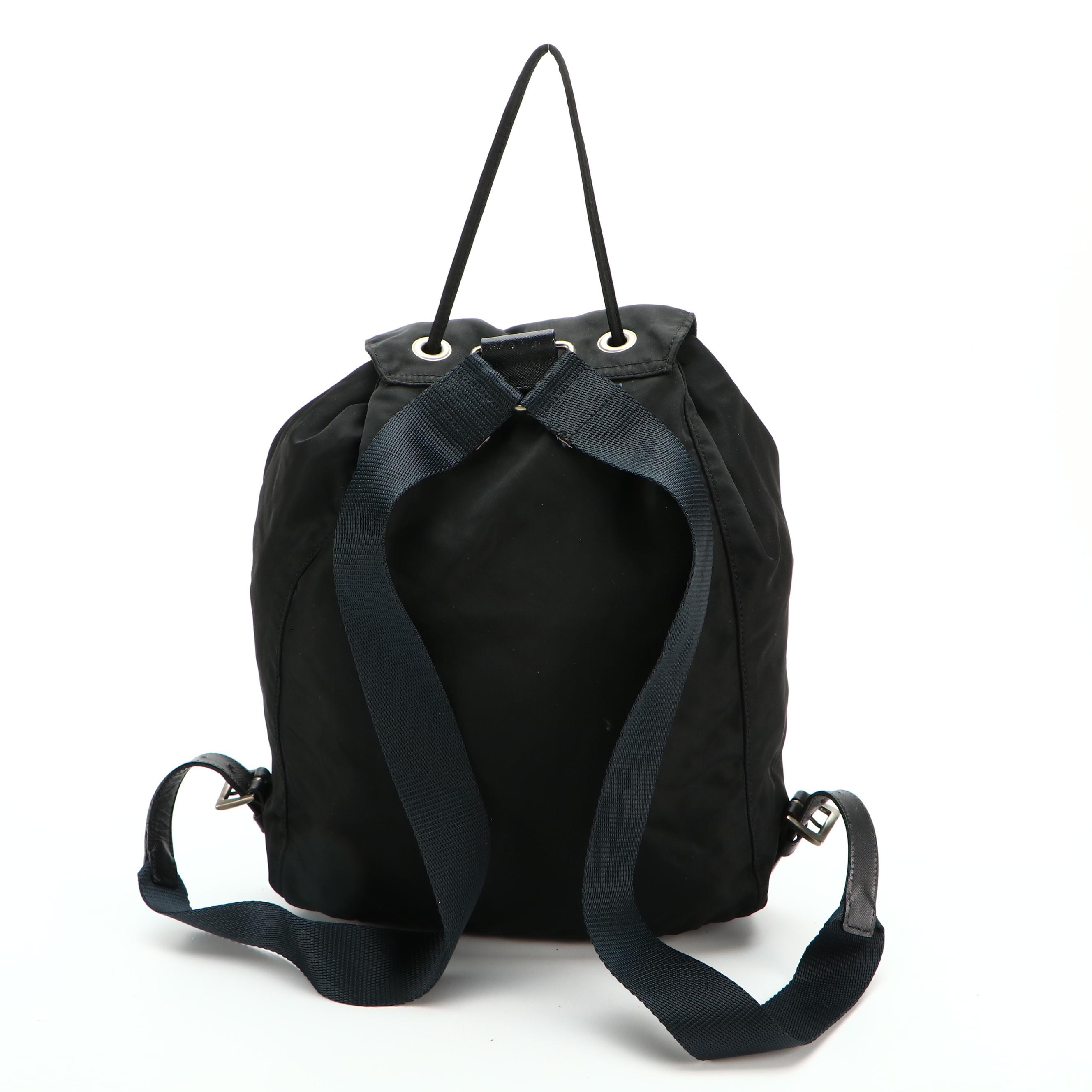 Prada Drawstring Backpack in Black Tessuto Nylon and Saffiano Leather
