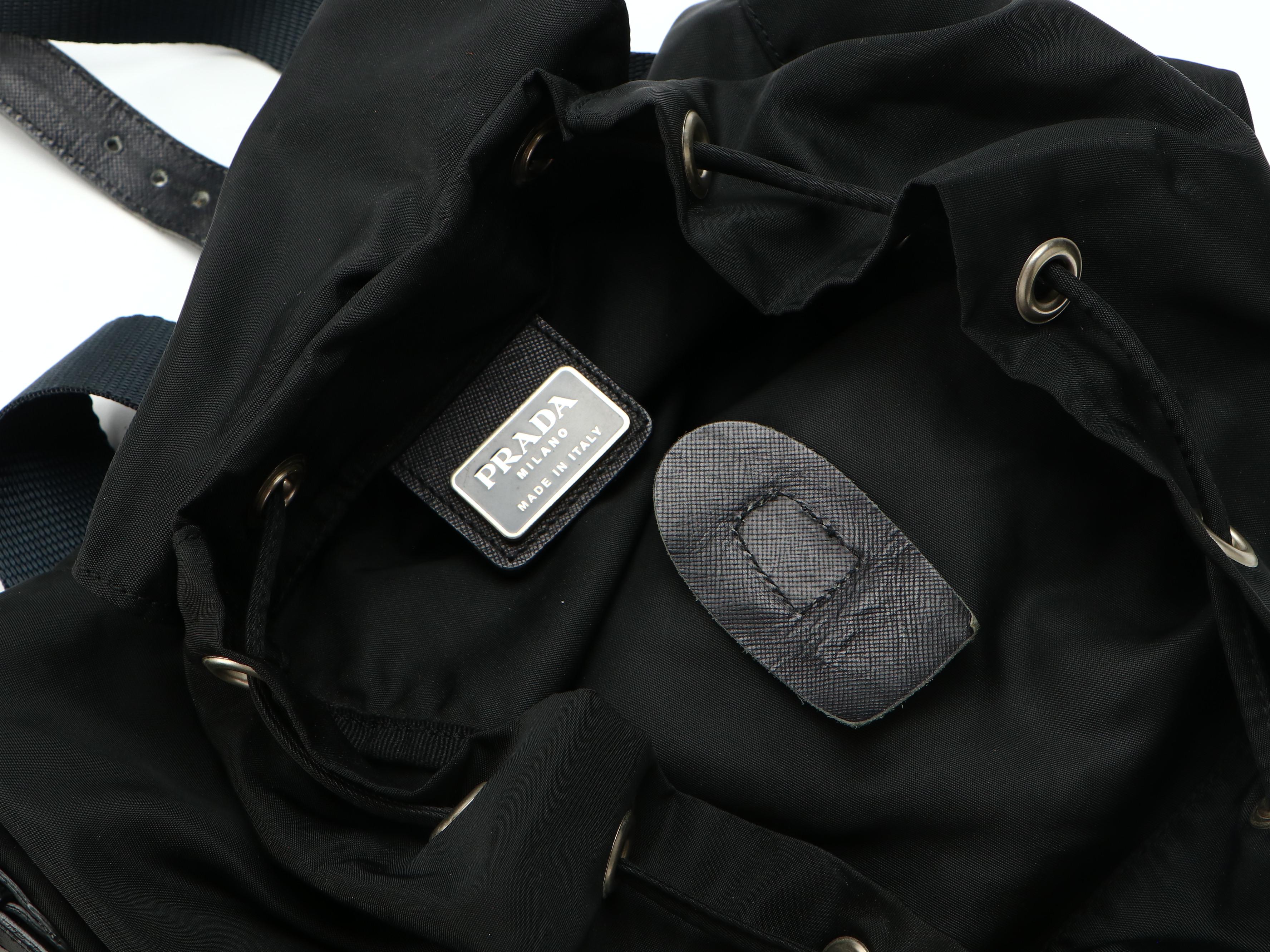 Prada Drawstring Backpack in Black Tessuto Nylon and Saffiano Leather