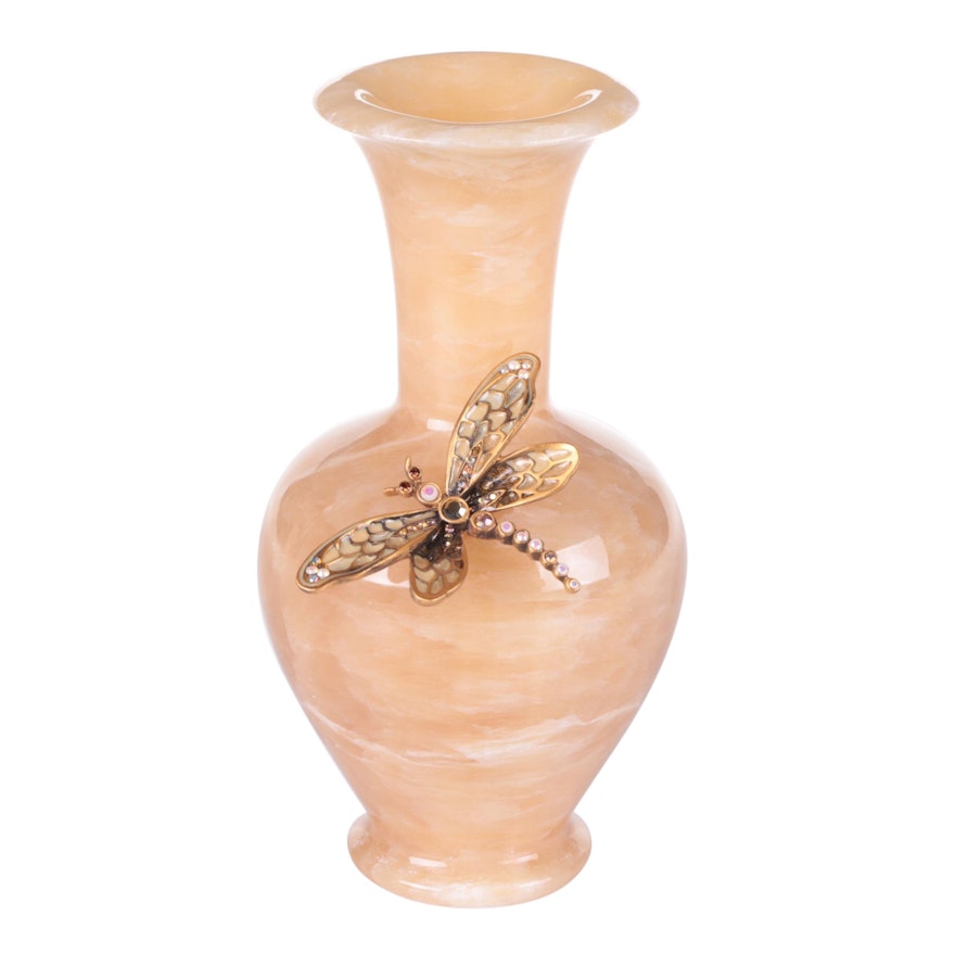 Jay Strongwater Dragonfly Motif Enamel, Rhinestone, and Marble Bud Vase