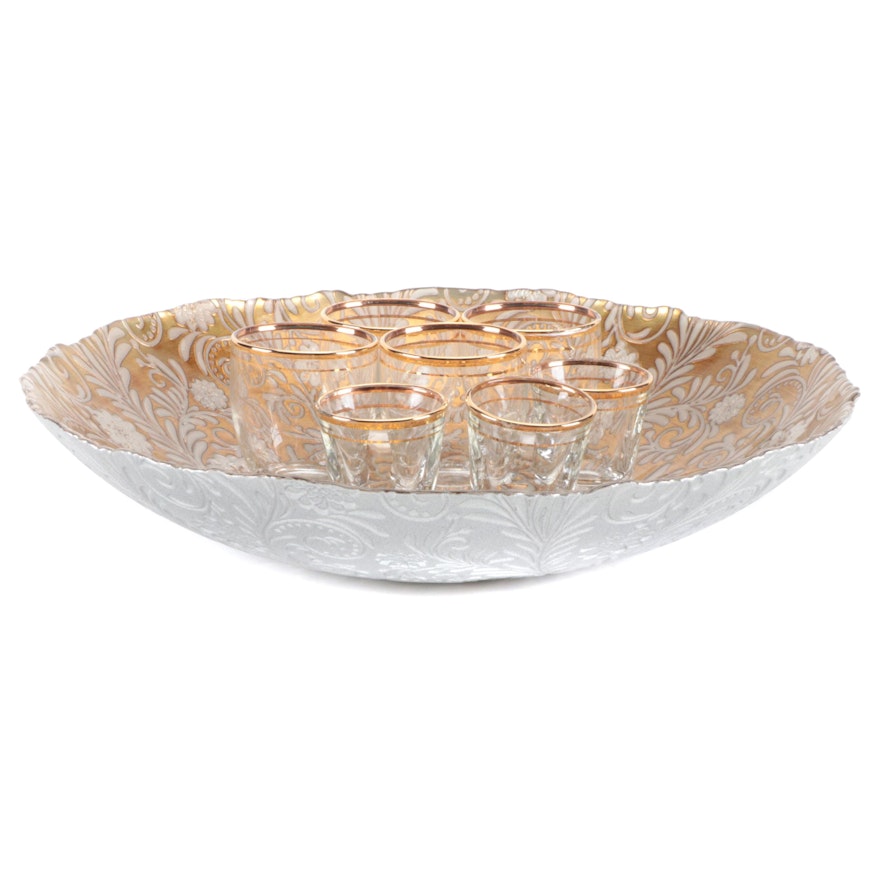 Gold and White Glass Floral Motif Serving Bowl with Liqueur Glasses