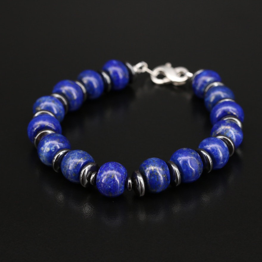 Sterling Lapis Lazuli and Hematite Beaded Bracelet
