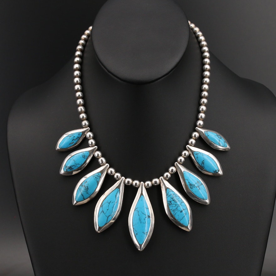 Signed Mexican 950 Silver Turquoise and Onyx Reversible Navette Necklace